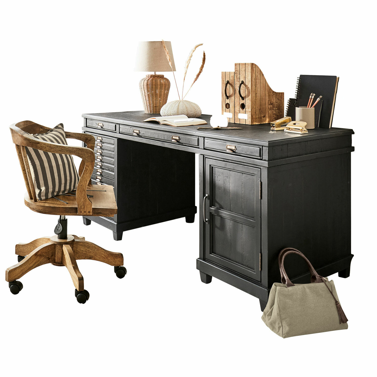 Bureau Brevilliers Bureau en bois noir avec tiroirs et accessoires naturels, mobilier élégant pour bureau à domicile