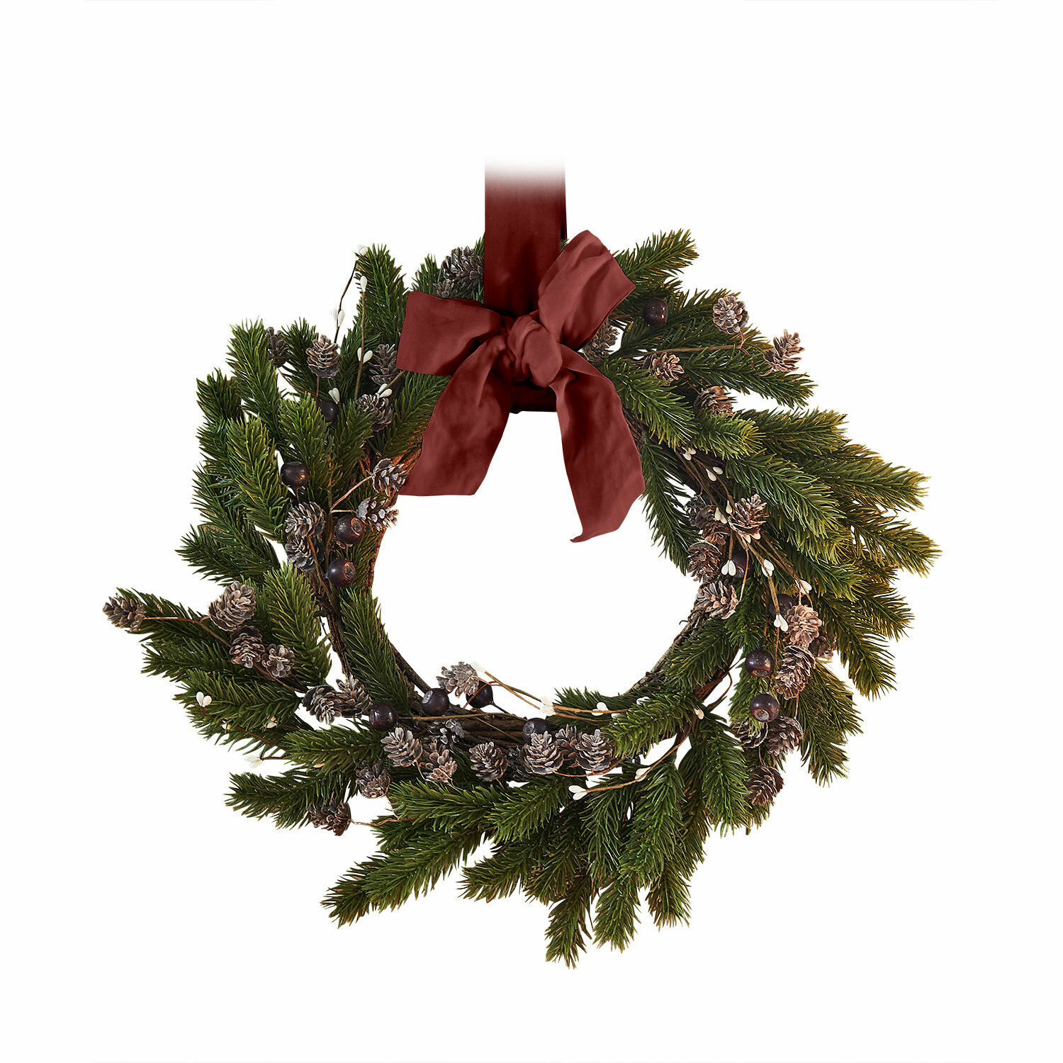 Couronne Lyandra Couronne de Noël en branches vertes, pommes de pin et ruban bordeaux pour décoration festive