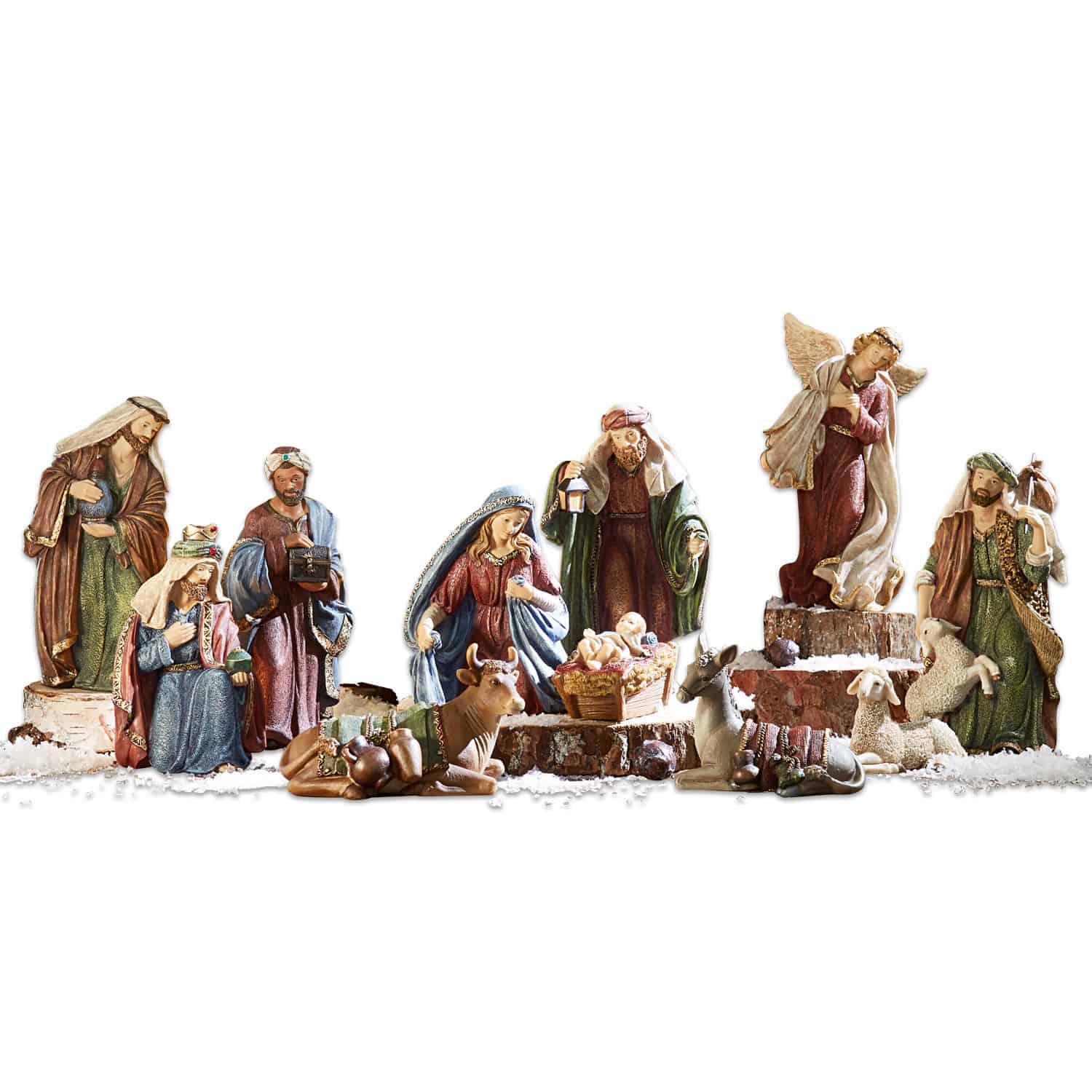 Kerststalfiguren set van 11 Christi Set houten kerststalfiguren in natuurlijke kleuren met heiligen en dieren op sneeuw