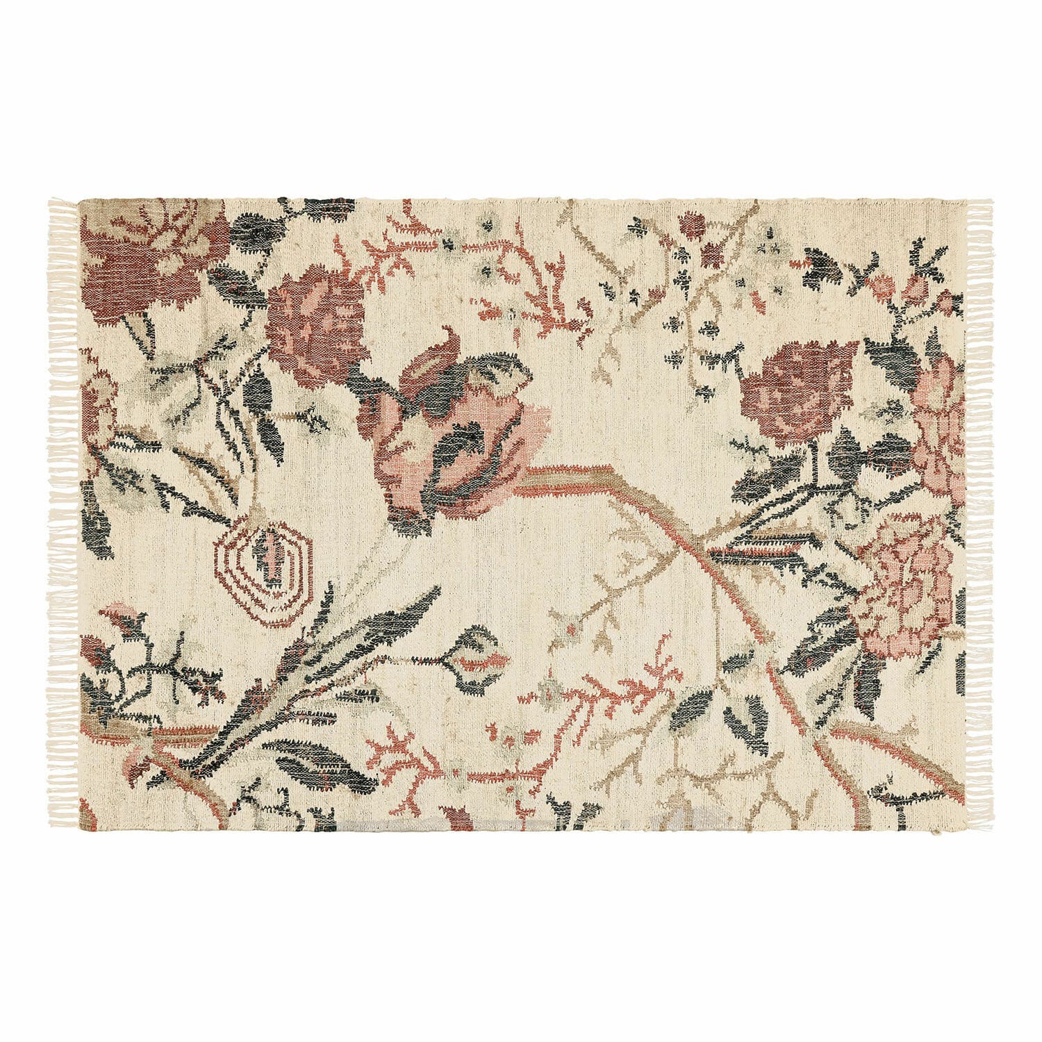 Katoenen crème vloerkleed met bloemmotief in rood- en groentinten voor woondecoratie