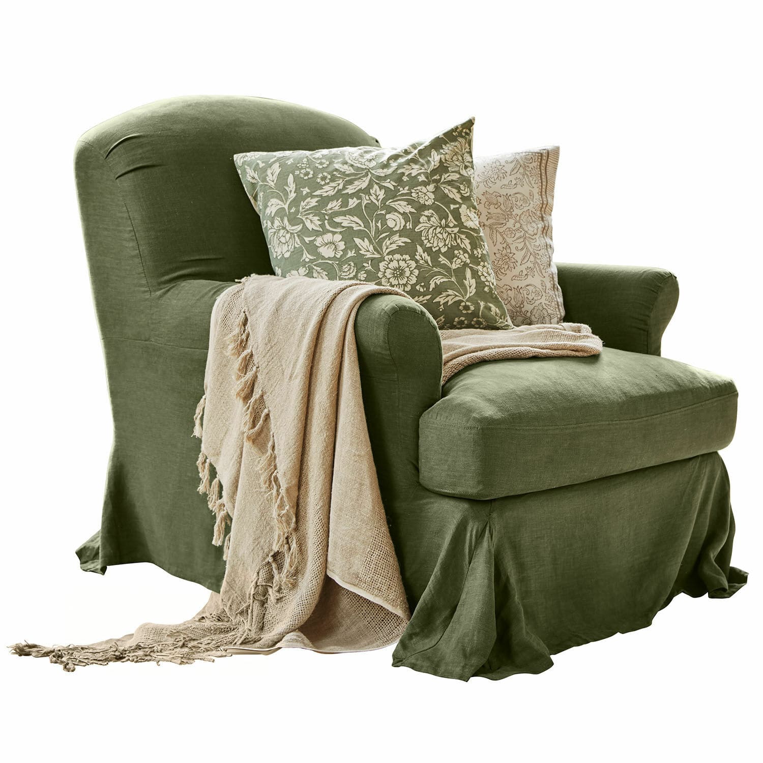 Fauteuil Vionnique Fauteuil vert en lin avec housse, deux coussins décoratifs et un plaid beige à franges