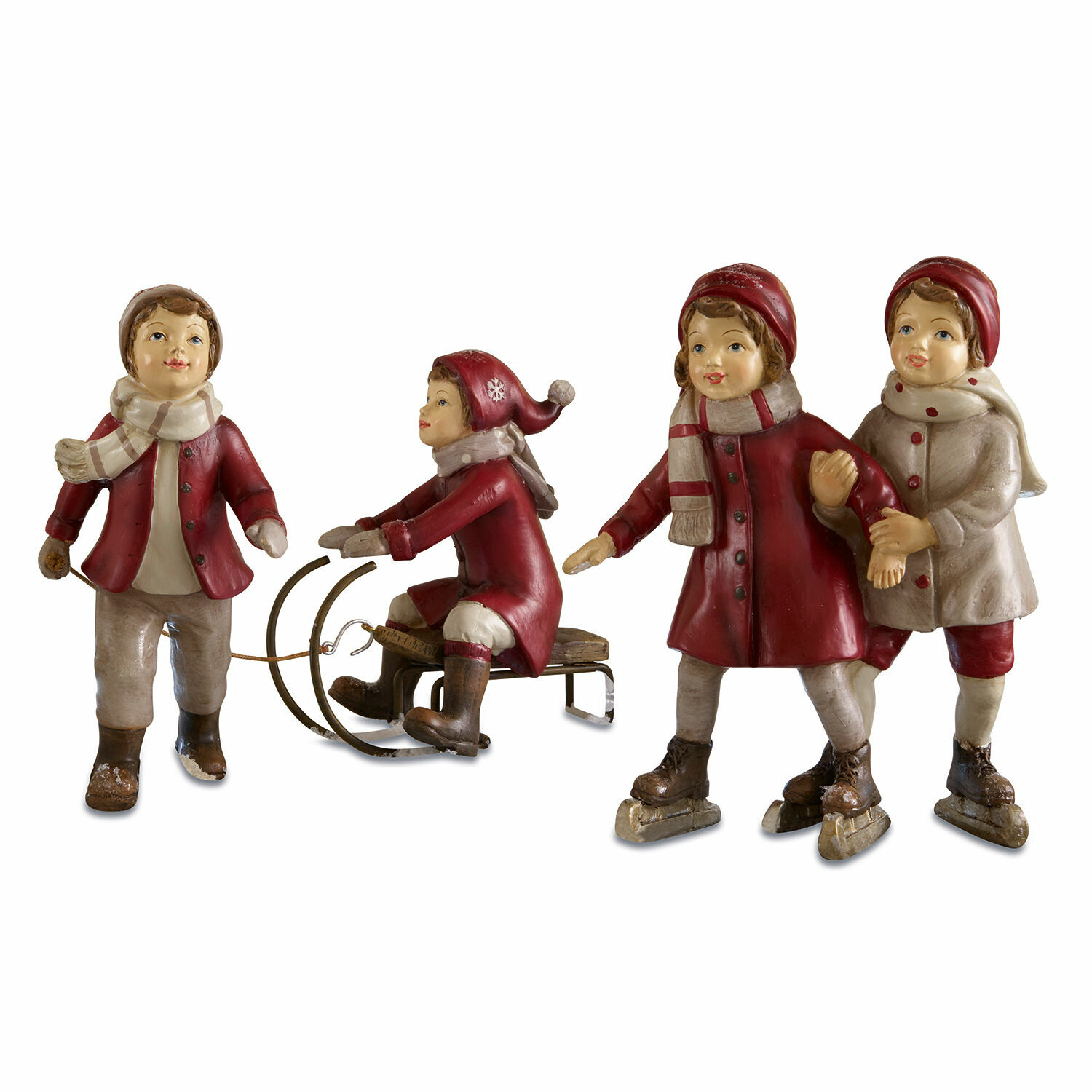 Kleurrijke kinderfiguren in winterkleding met slee en schaatsen, feestelijke decoratie