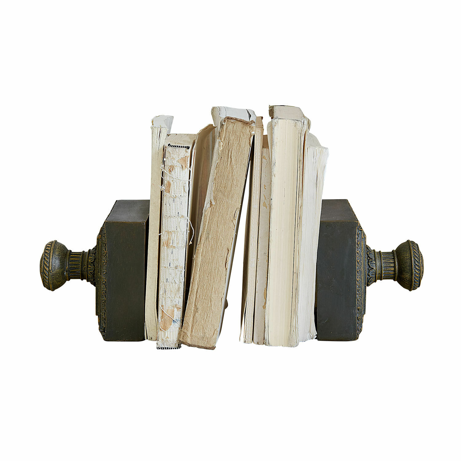 Lot de 2 serre-livres Zandrelle Livres anciens aux couvertures beige soutenus par des serre-livres métalliques décoratifs