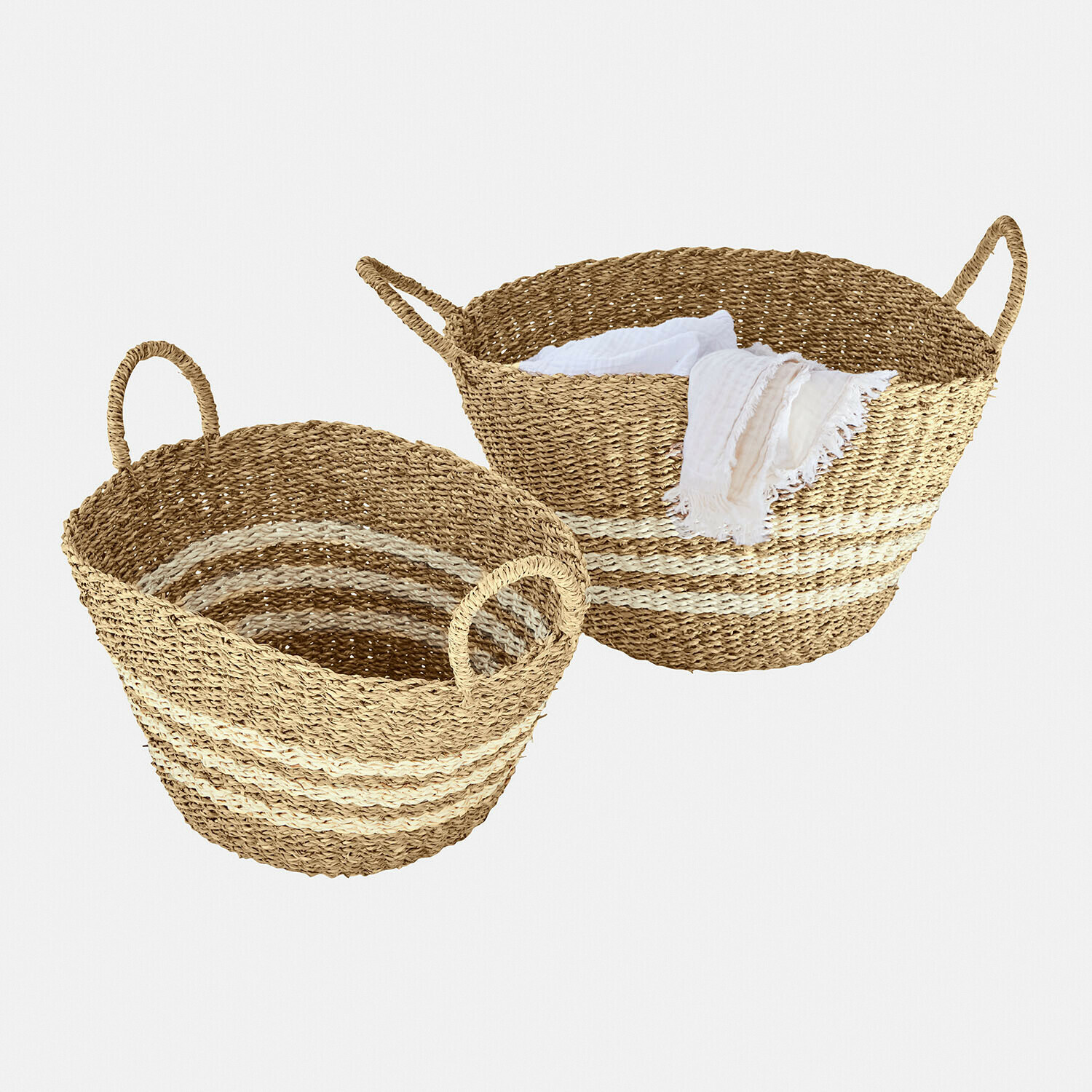 Lot de 2 paniers Farivon Ensemble de deux paniers ronds en herbe marine naturelle avec rayures blanches, pour rangement pratique