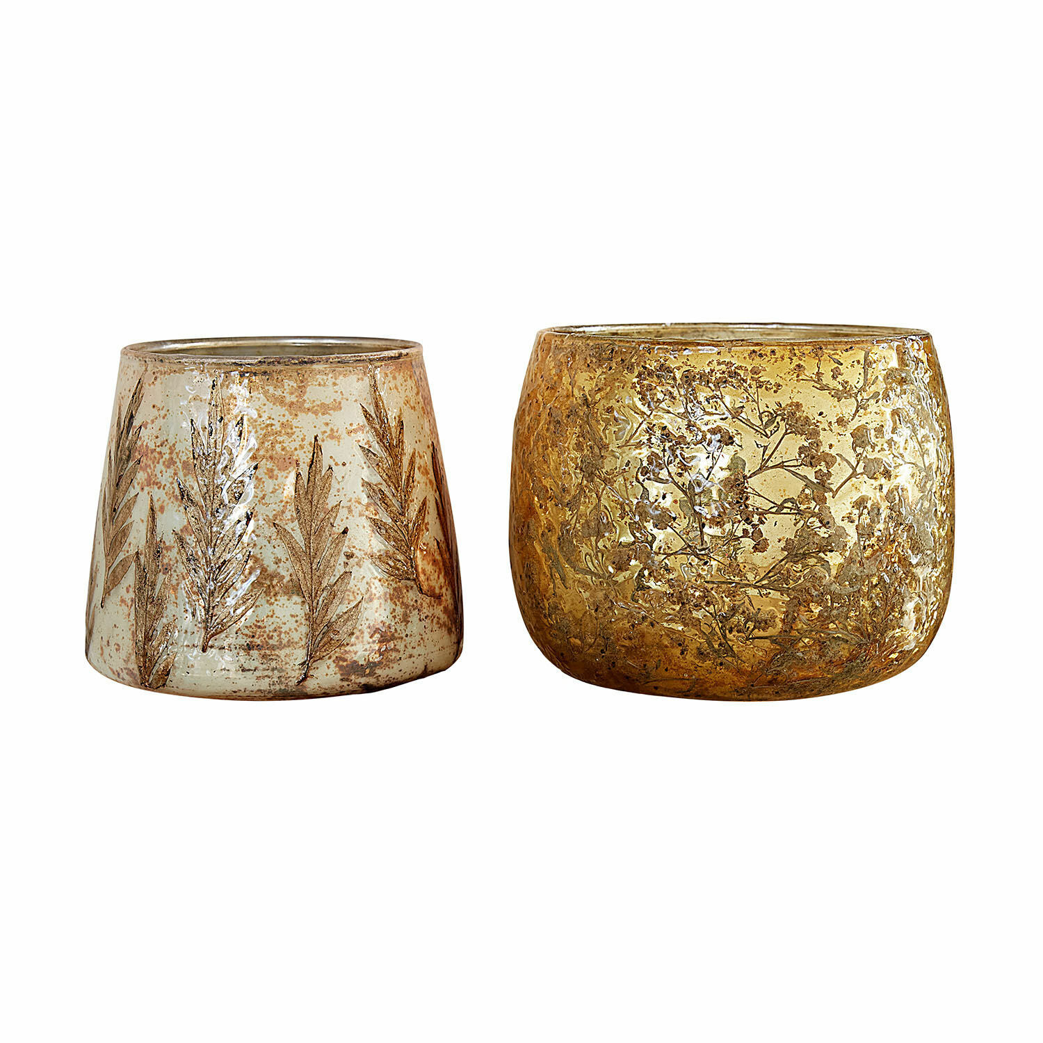 Windlicht set van 2 Hivalen Set van twee glazen theelichthouders met plantenmotieven in goud en beige, stijlvolle woondecoratie