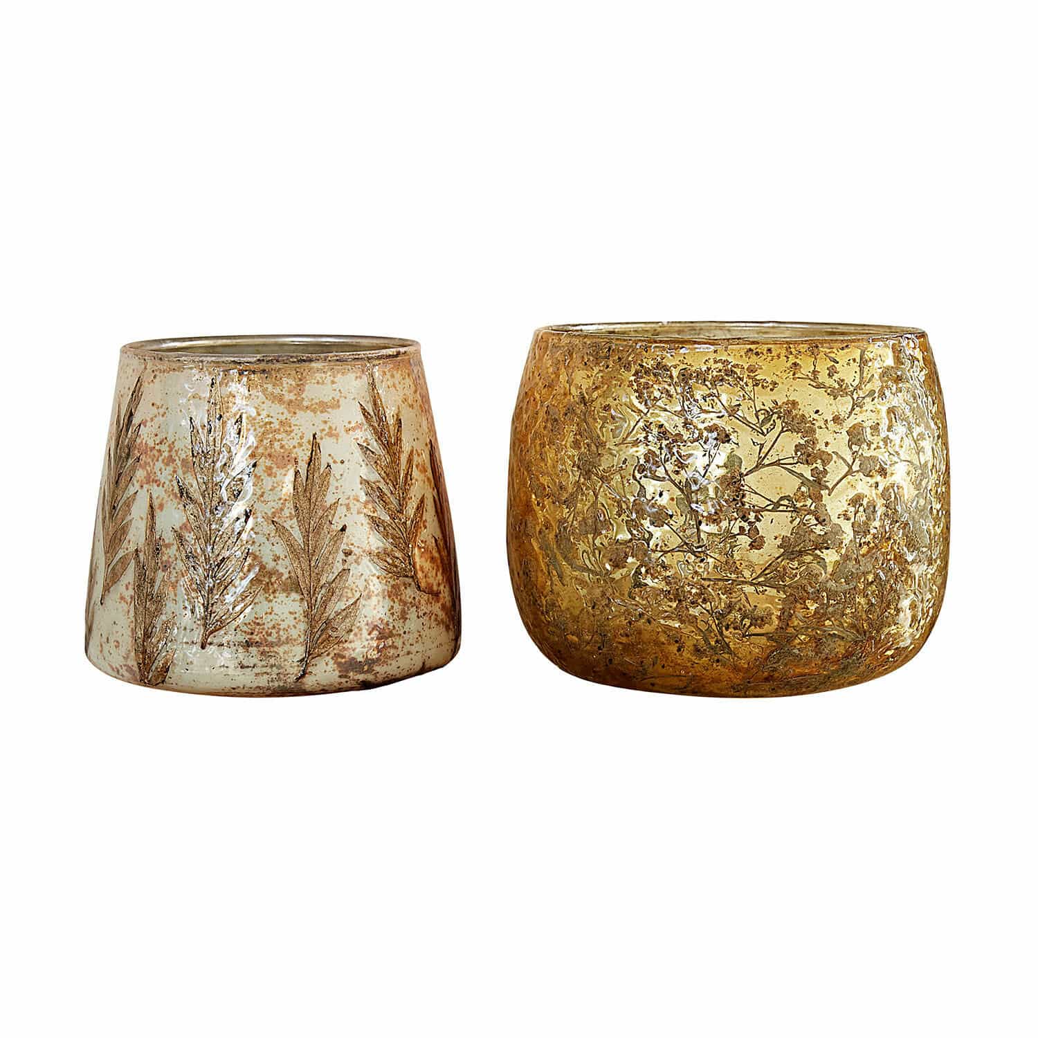 Windlicht set van 2 Hivalen Set van twee glazen theelichthouders met plantenmotieven in goud en beige, stijlvolle woondecoratie