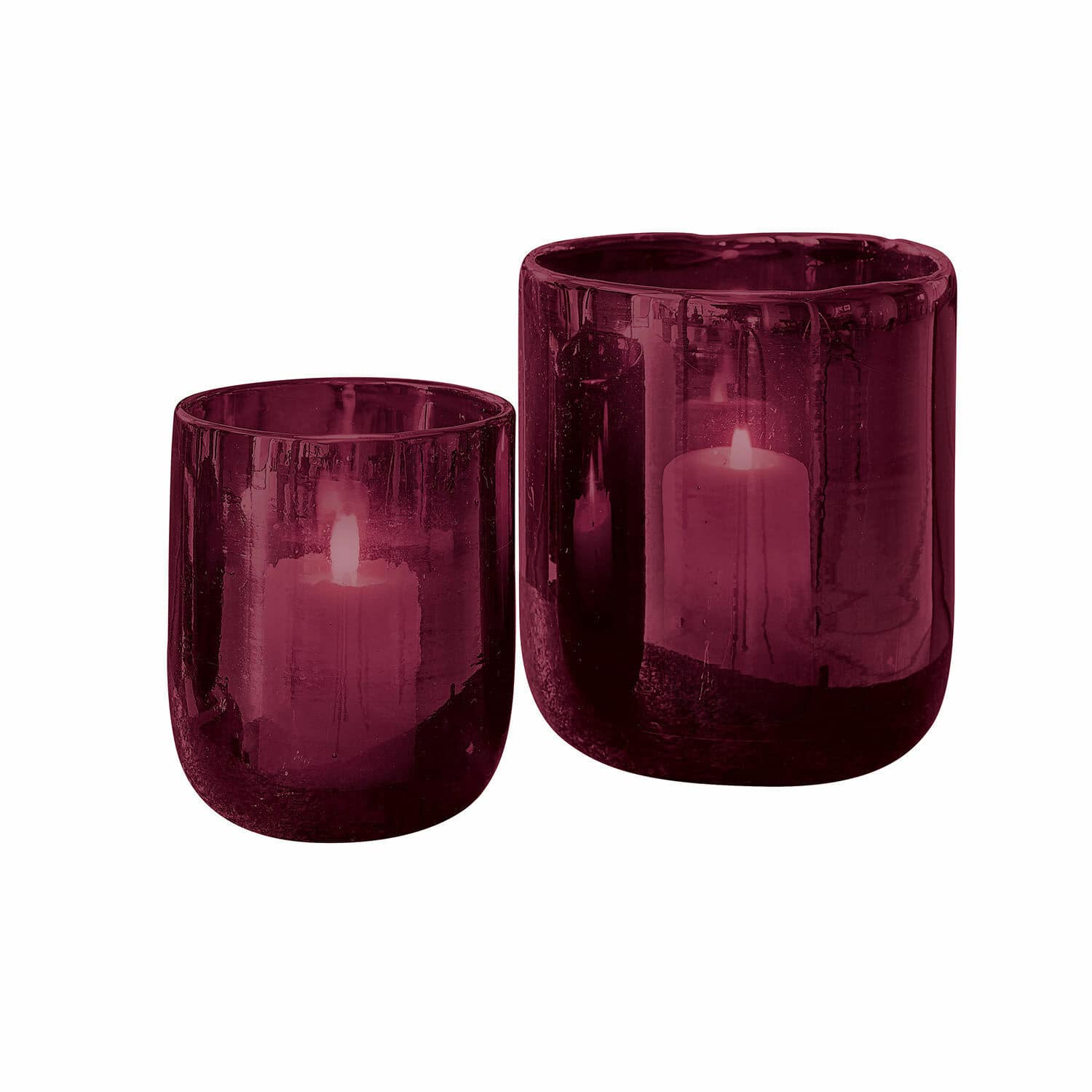 Windlicht set van 2 Theodor Set van twee bordeauxrode glazen windlichten met brandende kaarsen voor interieurdecoratie