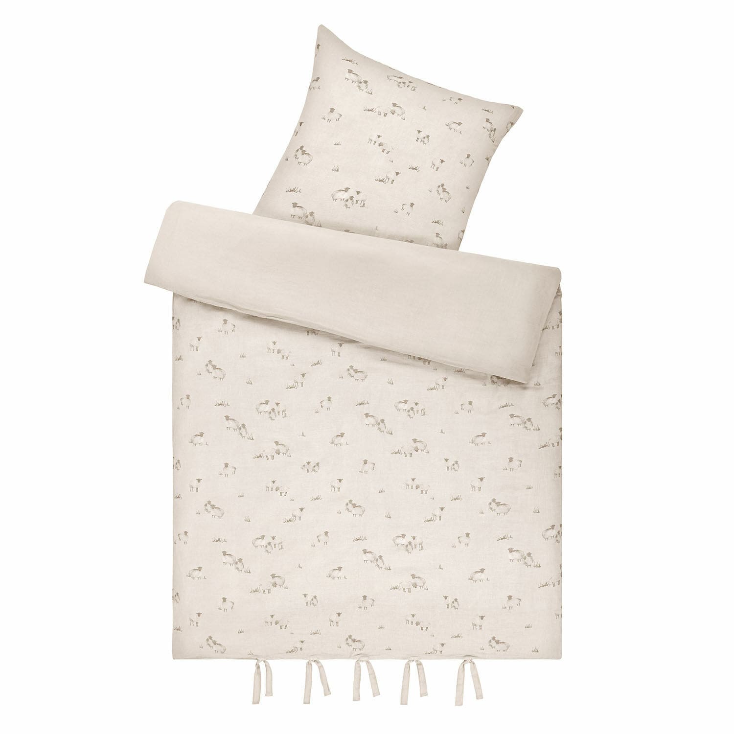 Parure de lit Erianna Parure de lit en lin beige clair avec motif discret de moutons et liens noués en bas, tissu naturel
