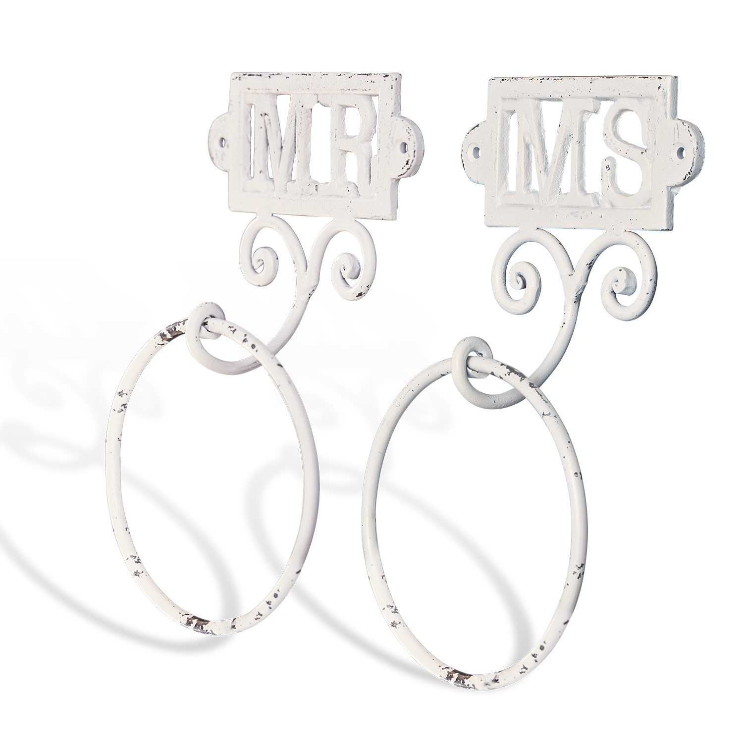 Porte-serviettes en métal blanc avec inscriptions MR et MS style vintage pour salle de bain