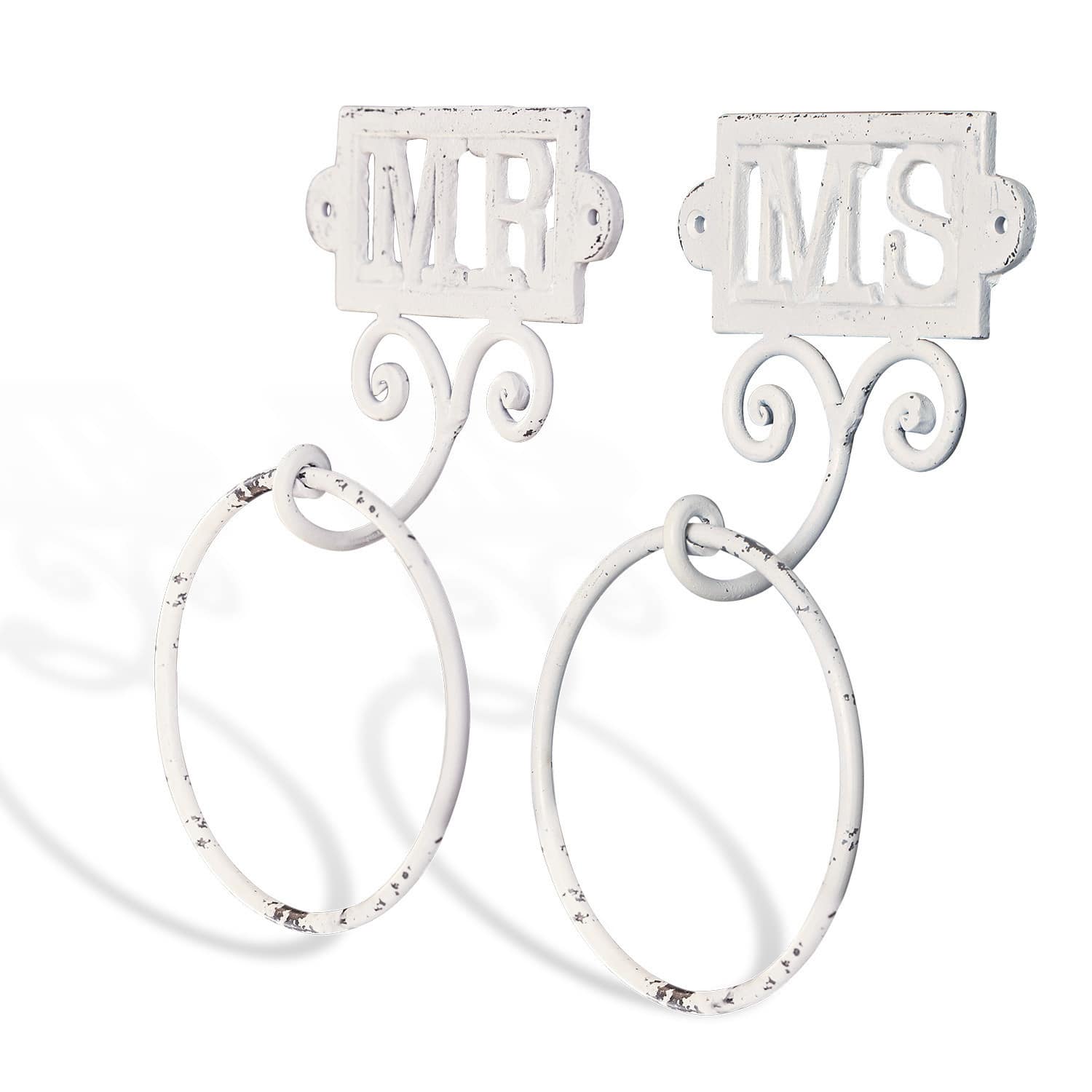 Lot de 2 porte-serviettes Vitrolles Porte-serviettes en métal blanc avec inscriptions MR et MS style vintage pour salle de bain