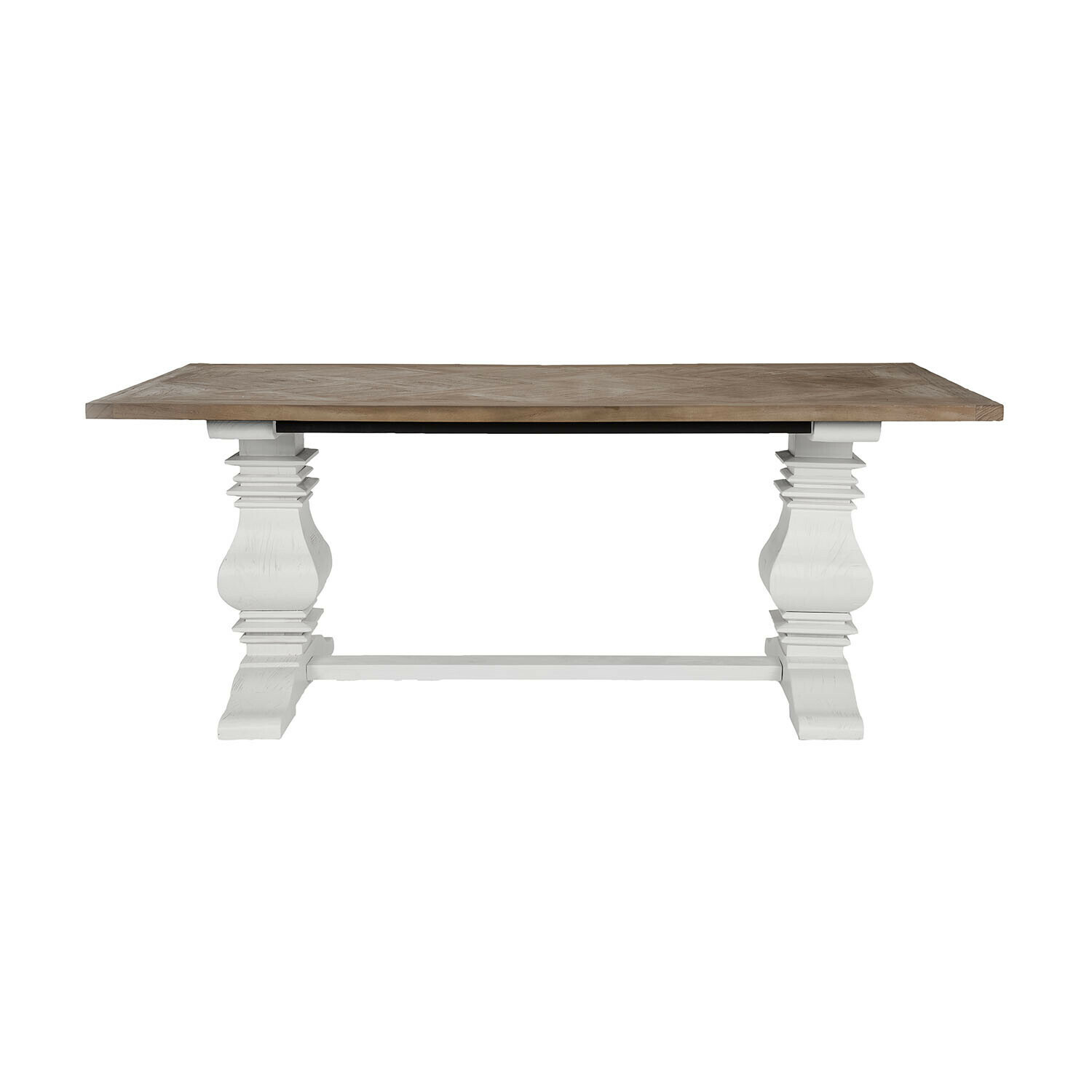 Table Quillancourt avec plateau marron et base en bois blanc antique, design classique pour salle à manger