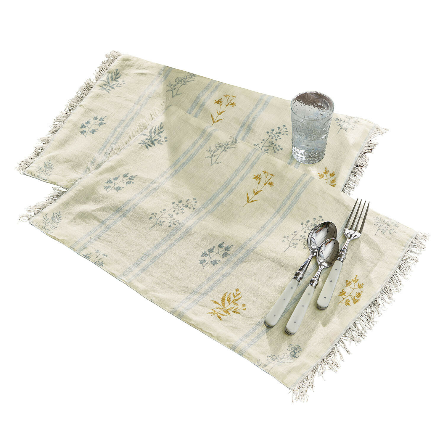 Lot de 2 sets de table Hazelwick Nappes en lin beige avec motif floral et franges, décoration de table avec couverts et verre