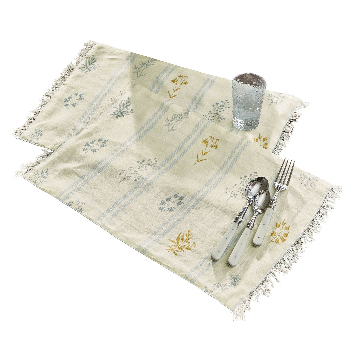 Placemat set van 2 Hazelwick Beige linnen servetten met bloemenpatroon en franjes, tafeldecoratie met bestek en glas