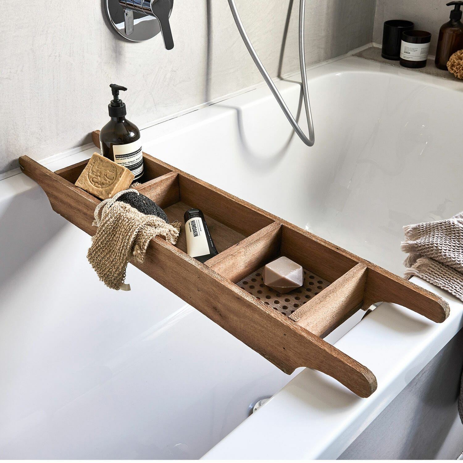 Pont de baignoire Einid Plateau en bois naturel pour baignoire avec compartiments pour savon et accessoires de bain