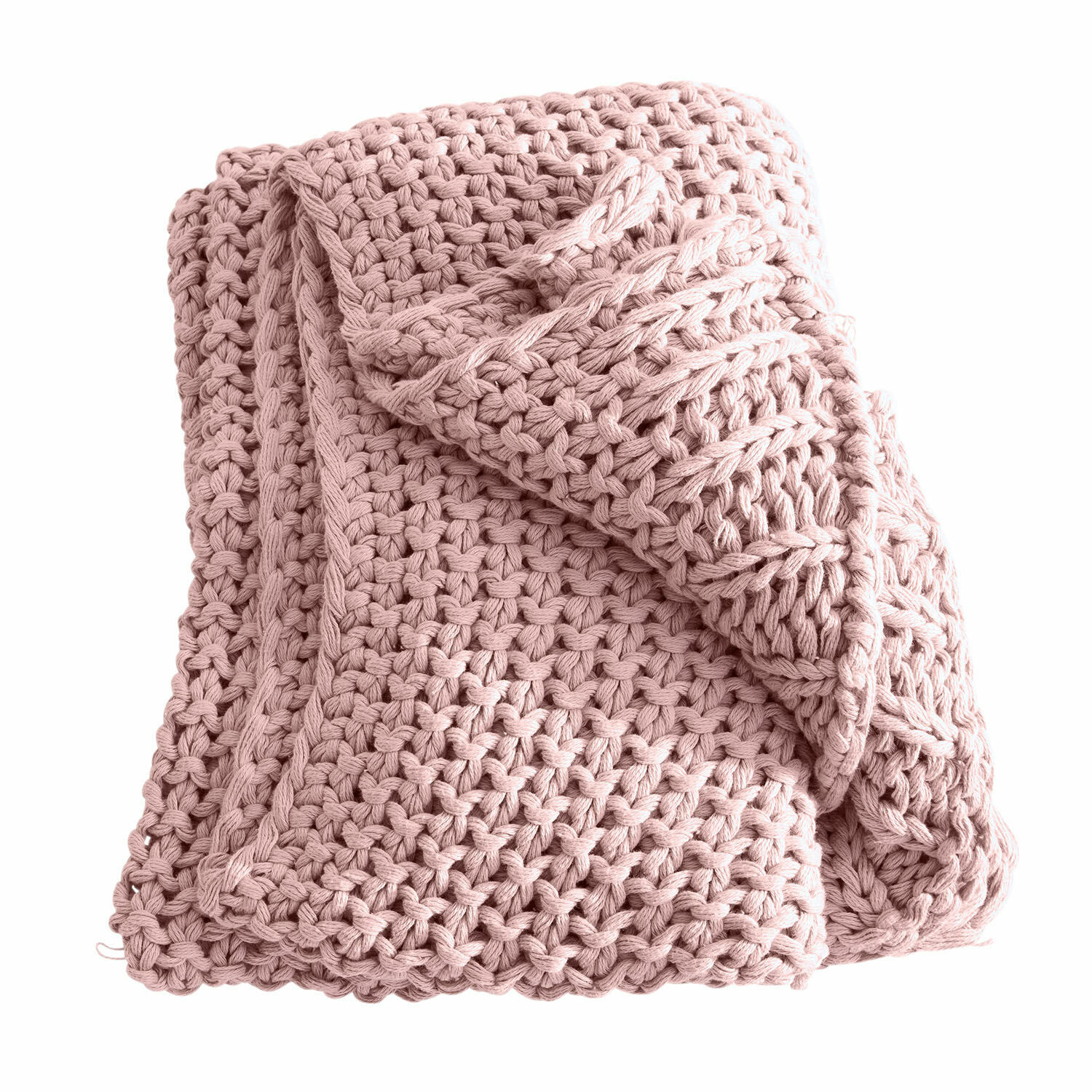 Roze plaid van dikke katoenen brei, ideaal voor een gezellige woonruimte