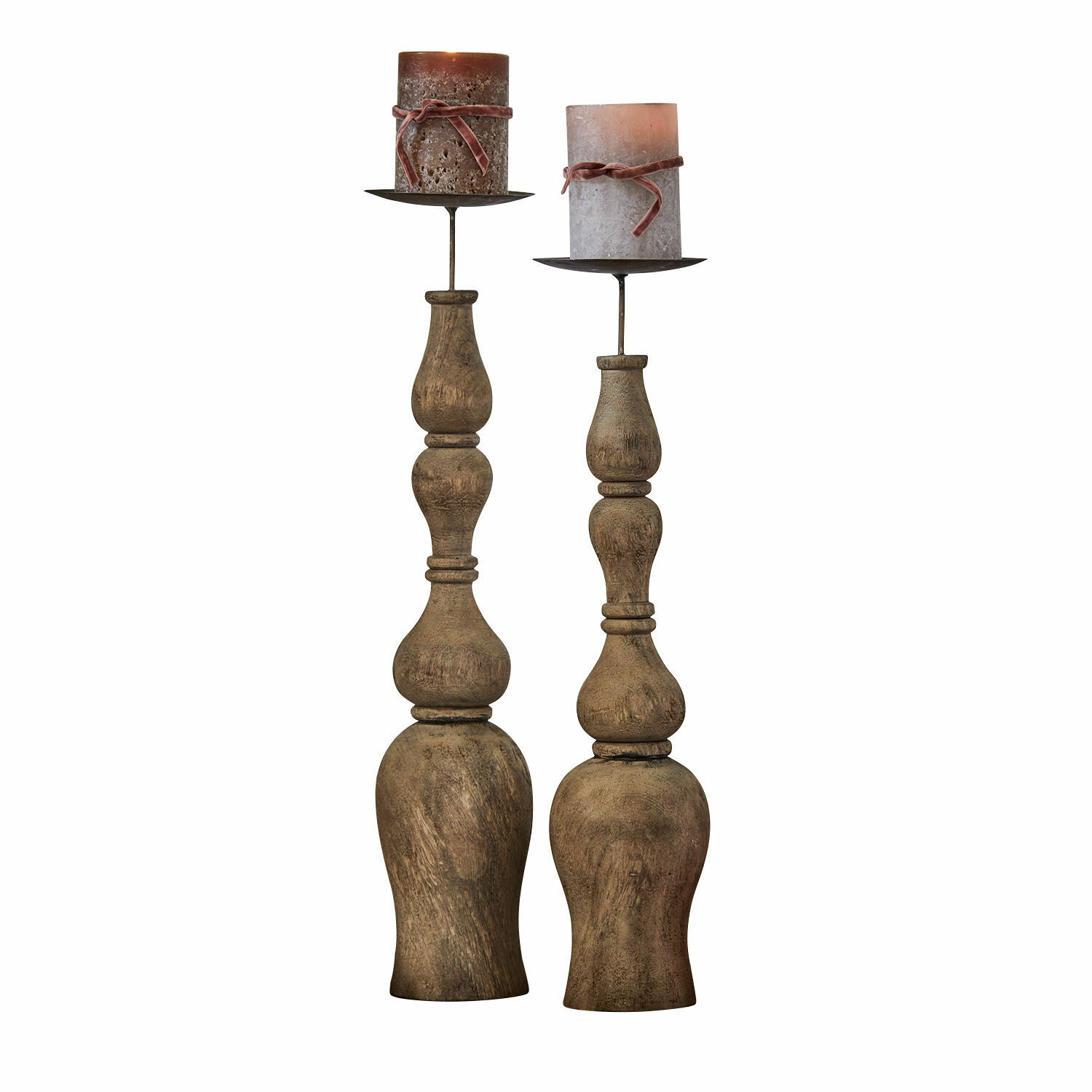 Lot de 2 bougeoirs Fleuries-sur-Marne Bougeoirs en bois avec deux bougies rustiques marron pour décoration intérieure chaleureuse