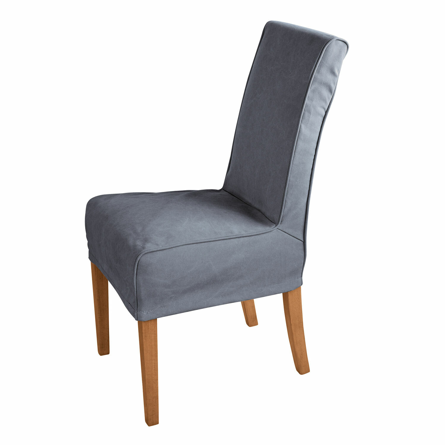 Chaise élégante en tissu gris avec pieds en bois, idéale pour salle à manger moderne