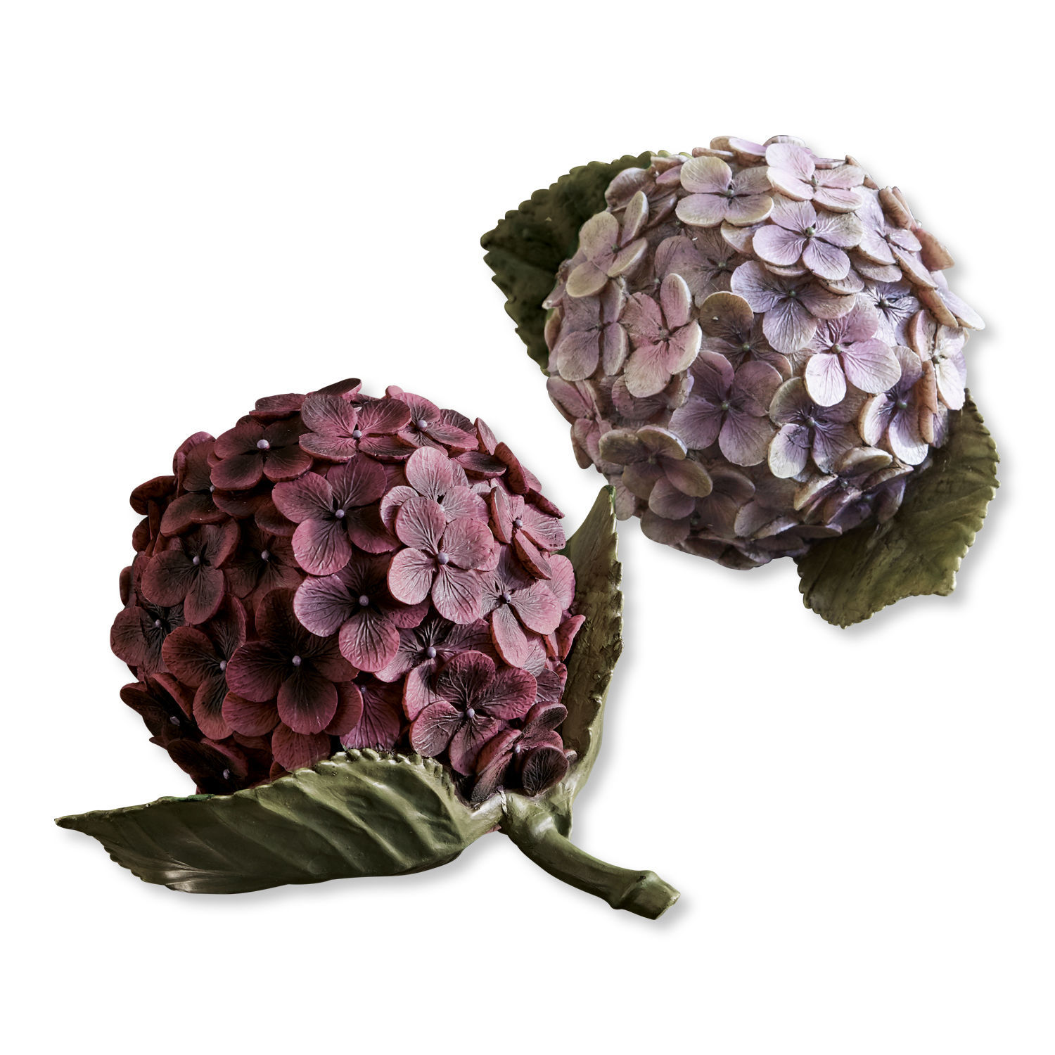 Lot de 2 fleurs décoratives Hortensie Hydrangeas décoratives roses et violettes avec feuilles vertes sur fond blanc