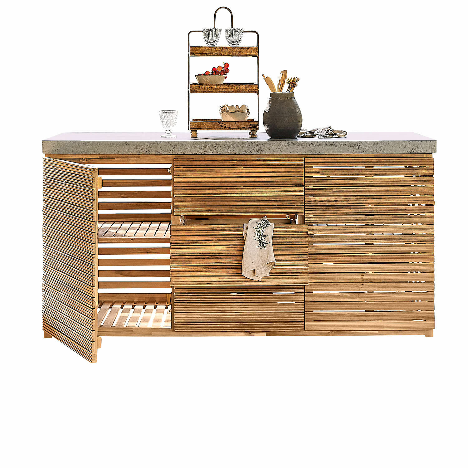 Élément de cuisine d'extérieur FSC®-100% Venzone Îlot de cuisine en bois naturel avec plan de travail en béton, étagères et tiroirs ouverts
