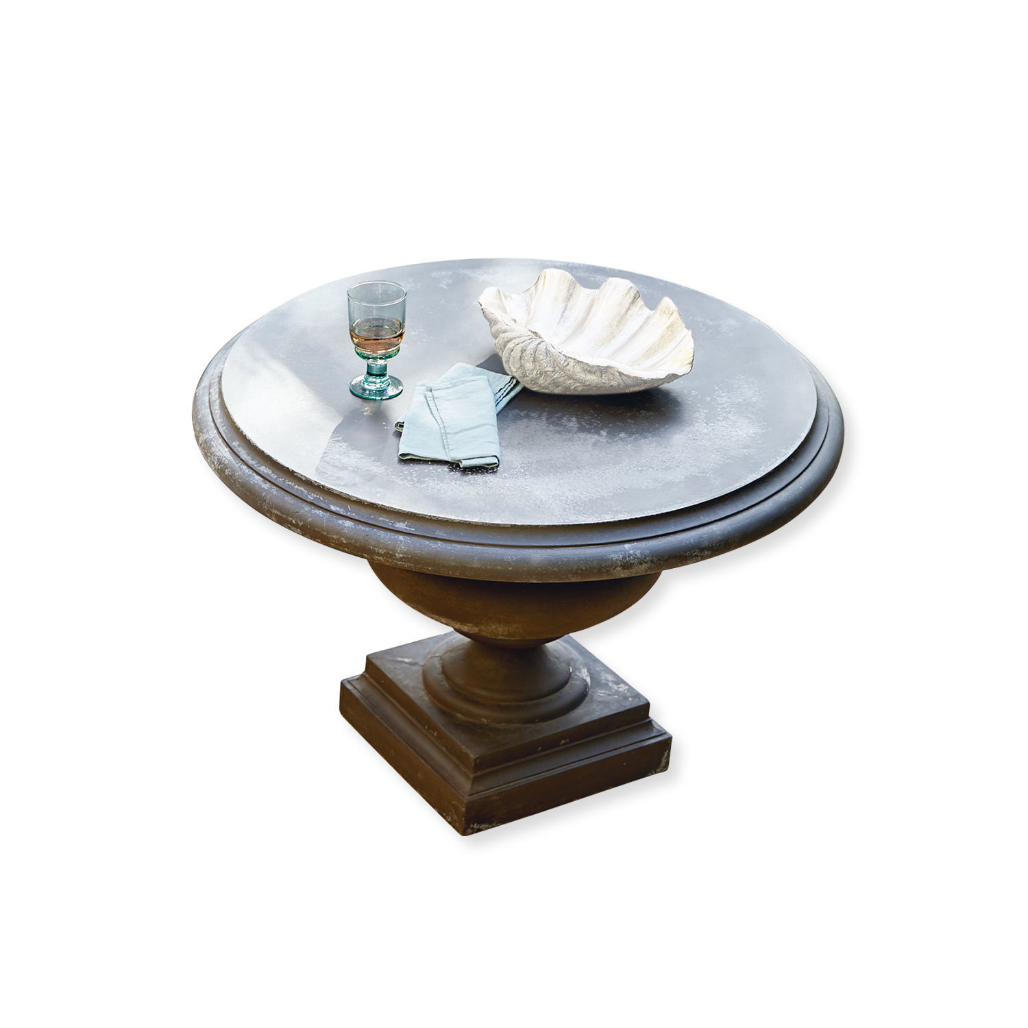 Table ronde grise Monterey avec base en métal, décorée d'un verre et d'un coquillage