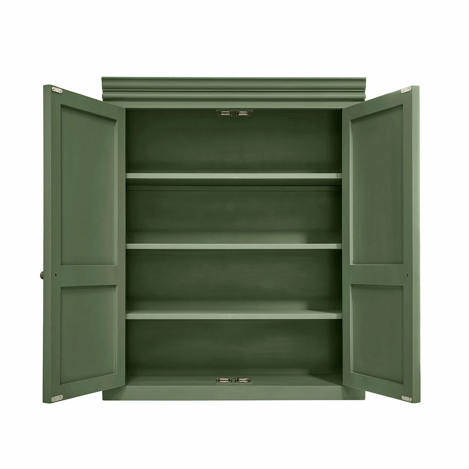 Meuble haut de cuisine Lansbury Armoire verte en bois avec trois étagères et portes ouvertes pour rangement