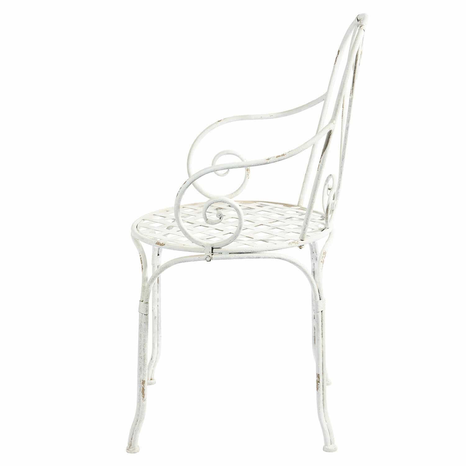 blanc vieilli Chaise Aube en métal blanc antique avec accoudoirs courbés et assise ajourée décorative