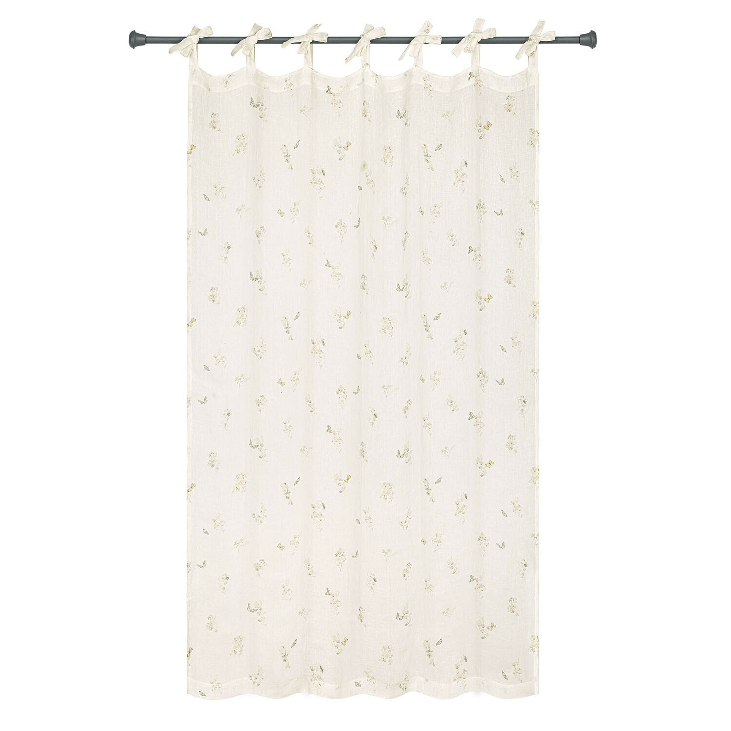 Gordijn Salénaïs Lichte crème linnen gordijn met subtiel bloemenpatroon en decoratieve strikjes