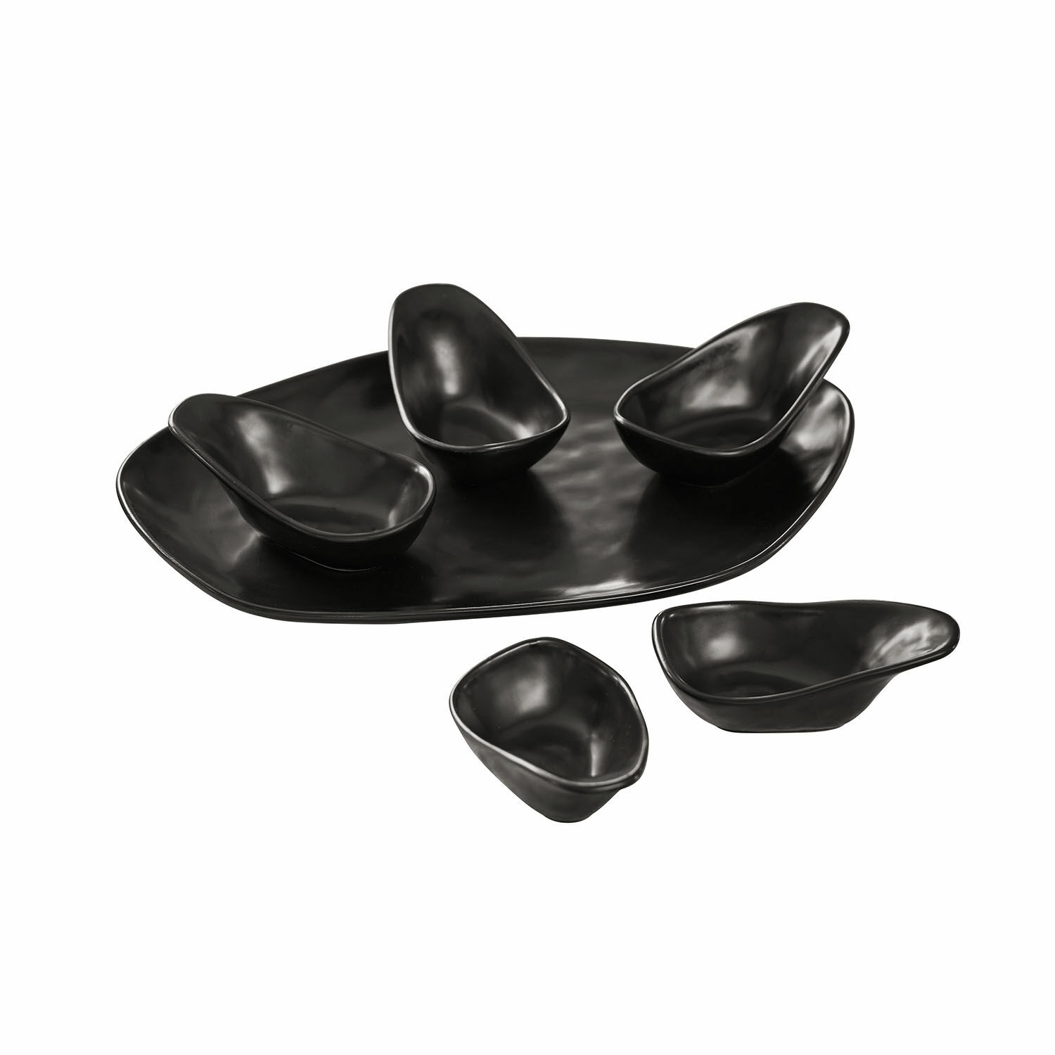 Ensemble de 6 coupelles noires en céramique Biarritz sur un grand plat pour apéritifs