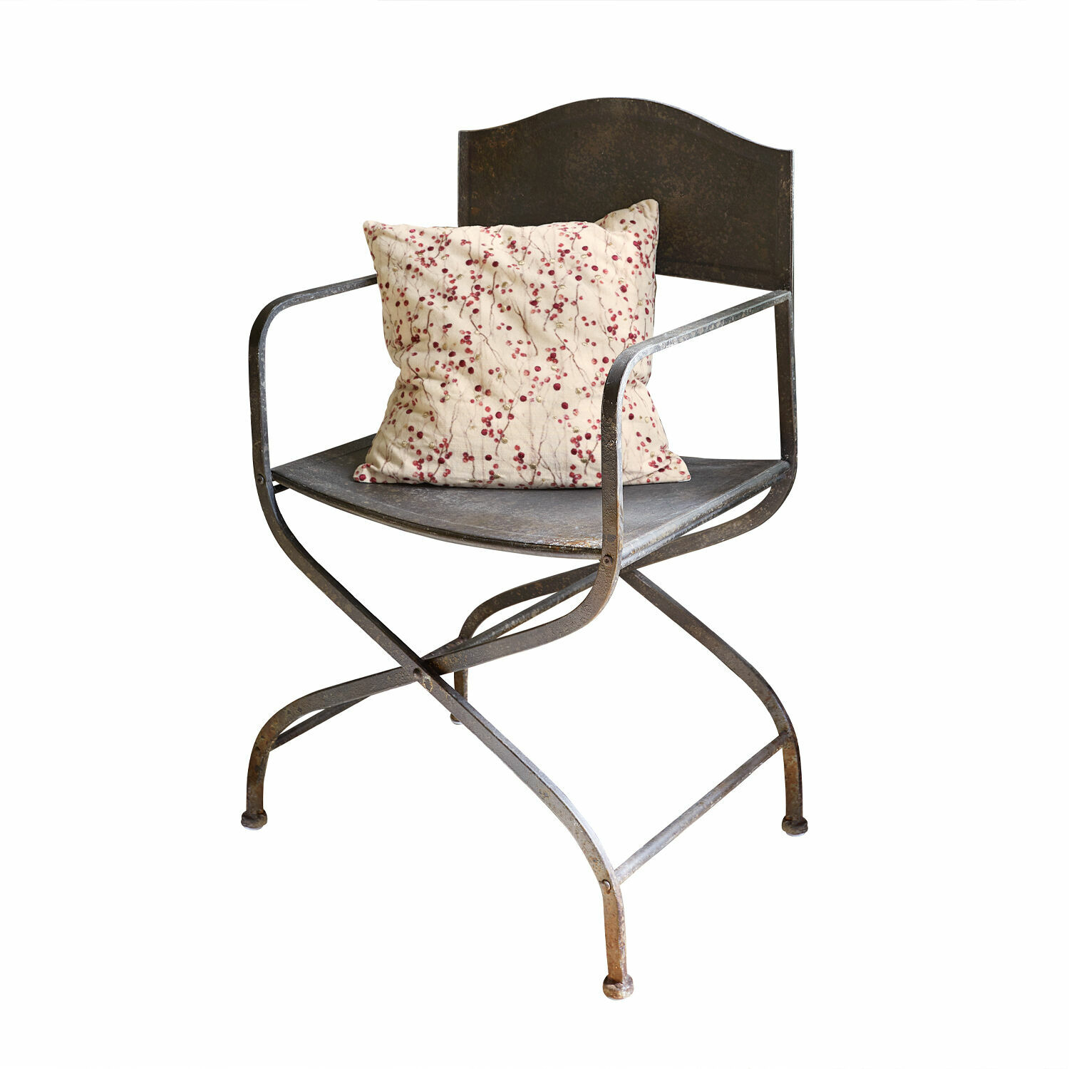 Stoel Ivilique Metalen stoel met crème kussen met rood patroon, industriële vintage stijl