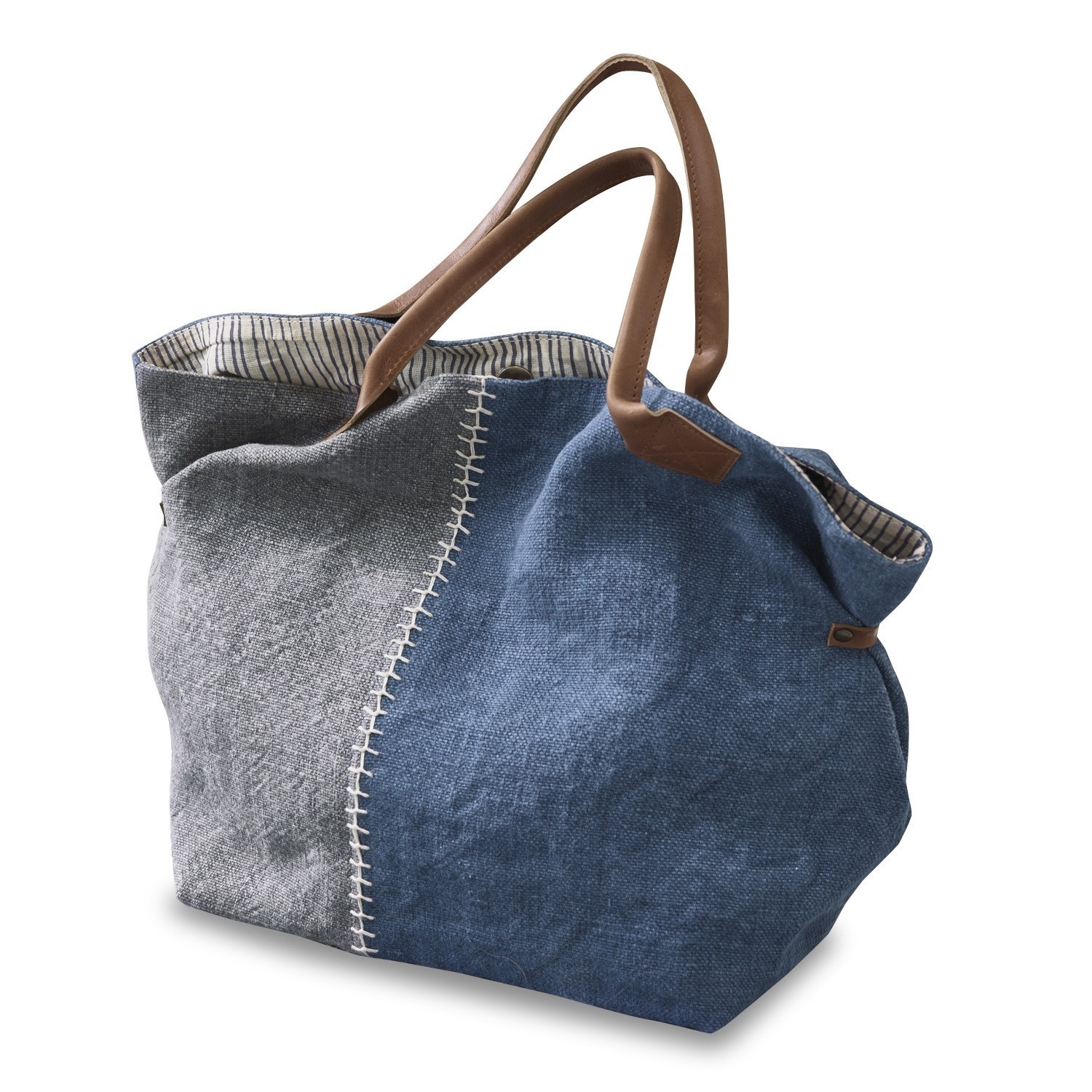 Cabas Deux-Parts Sac en tissu bleu et gris avec poignées en cuir marron, sac fourre-tout spacieux et décontracté