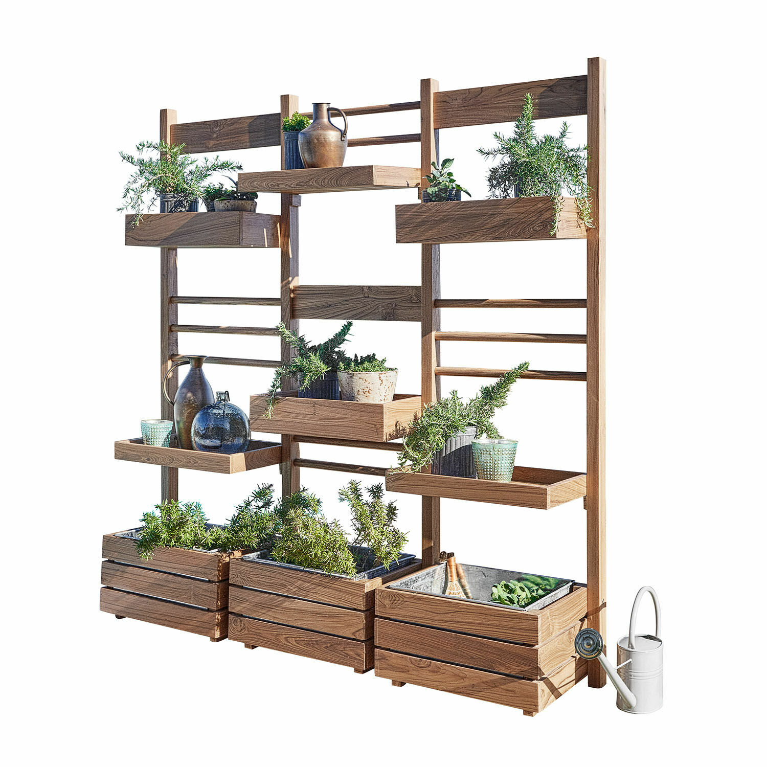 Plantenrek Lutry Houten plantenbak met planken en groene planten, decoratieve tuinoplossing