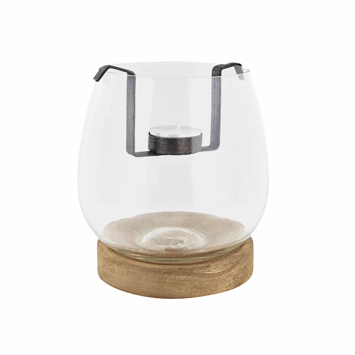 Lanterne Talcanne en verre transparent avec base en bois brun et support métallique pour bougie
