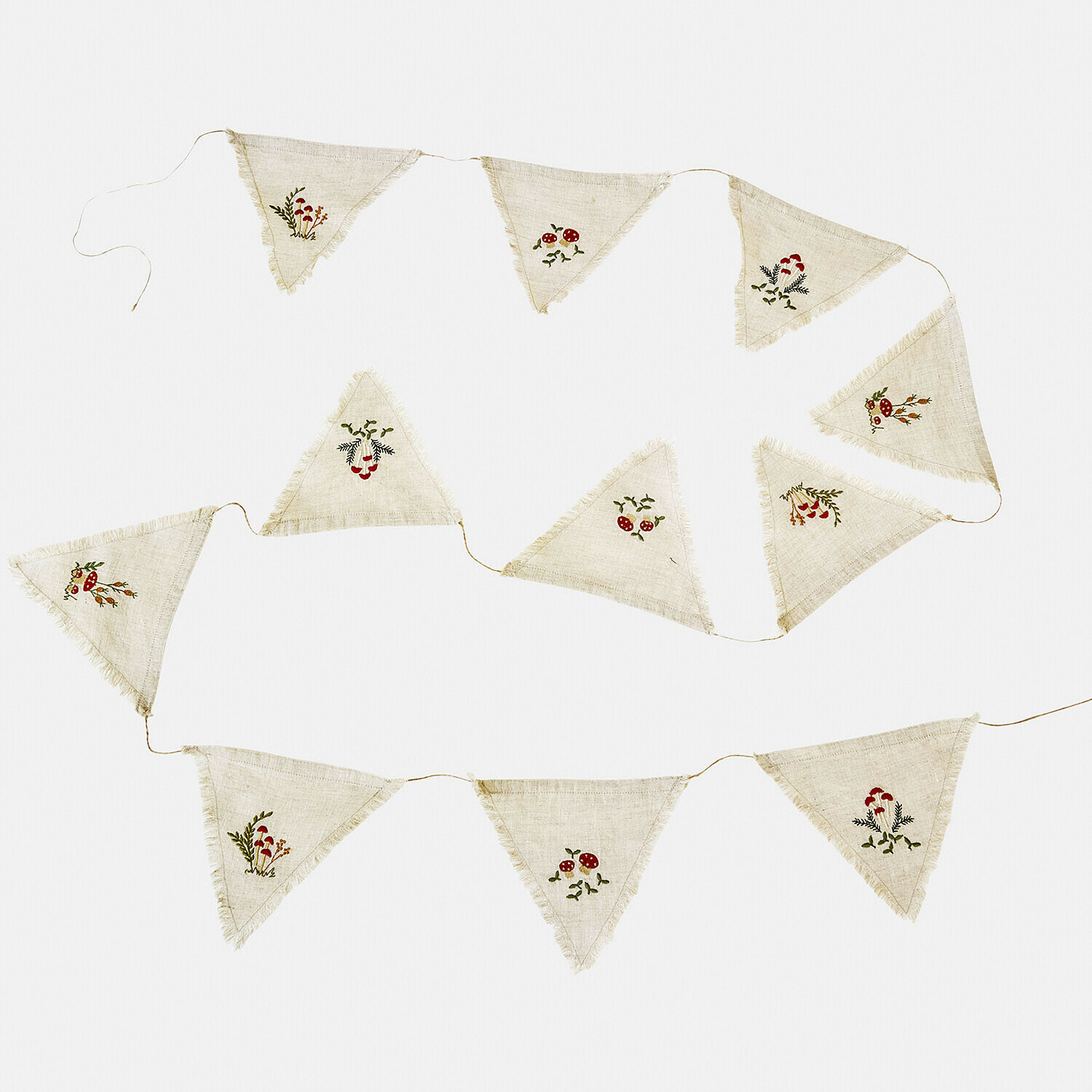 Guirlande en lin naturel avec motifs brodés rouges et verts, décoration rustique pour fêtes