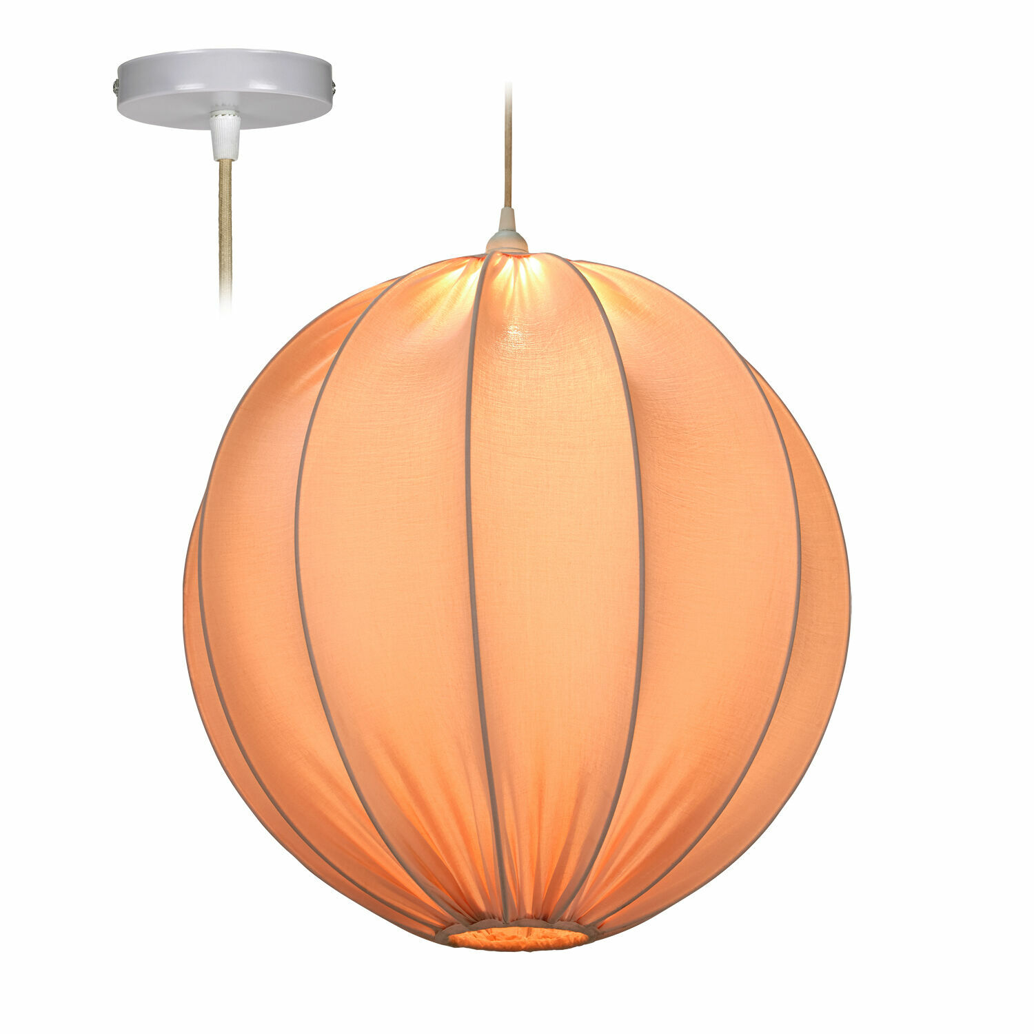 Hanglamp Lisonne Ronde hanglamp van oranje stof met witte kabel en plafondbevestiging voor binnenverlichting