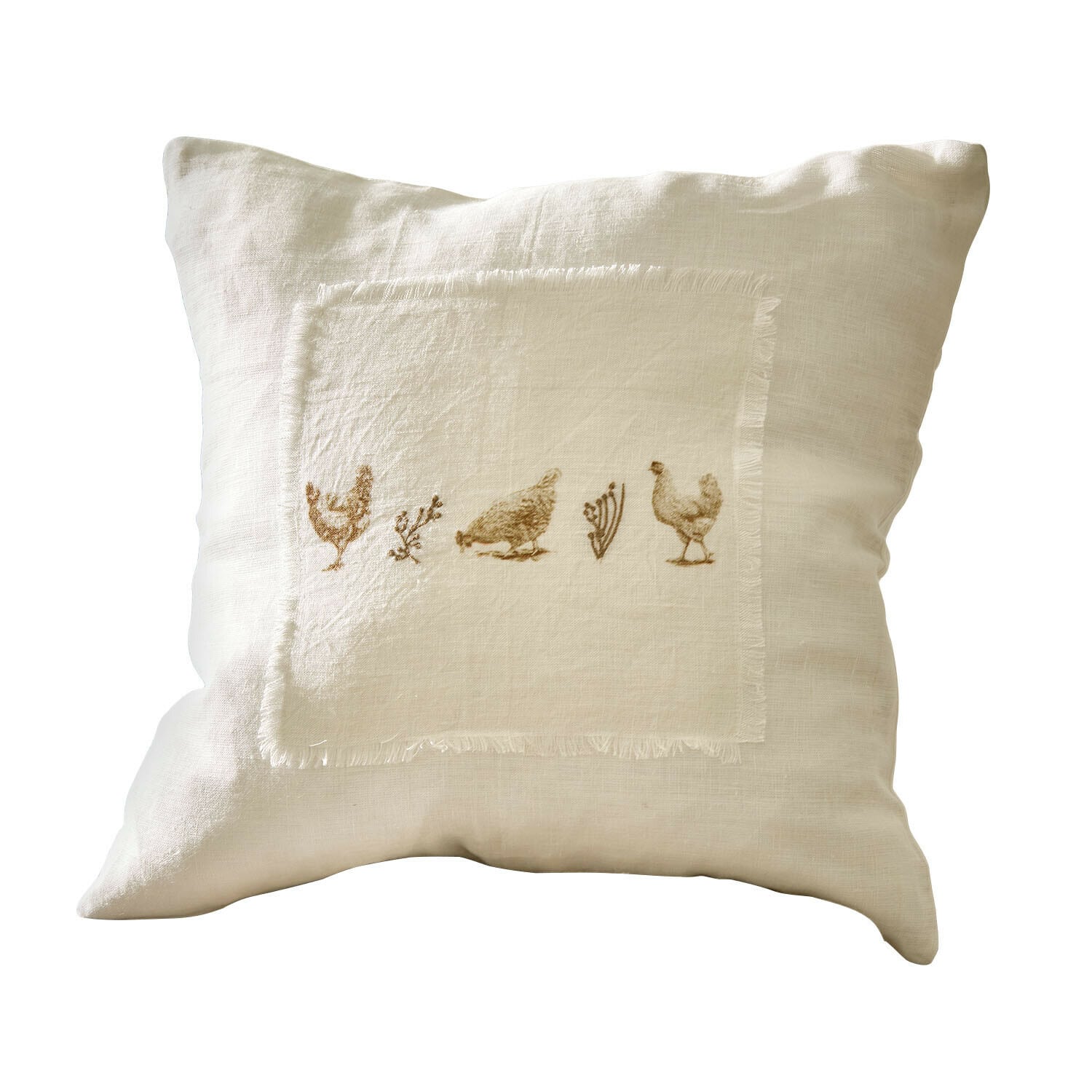 Kussenhoes Chavéreau Beige linnen kussen met opdruk van kippen en planten, decoratieve hoes voor woonkamer of slaapkamer