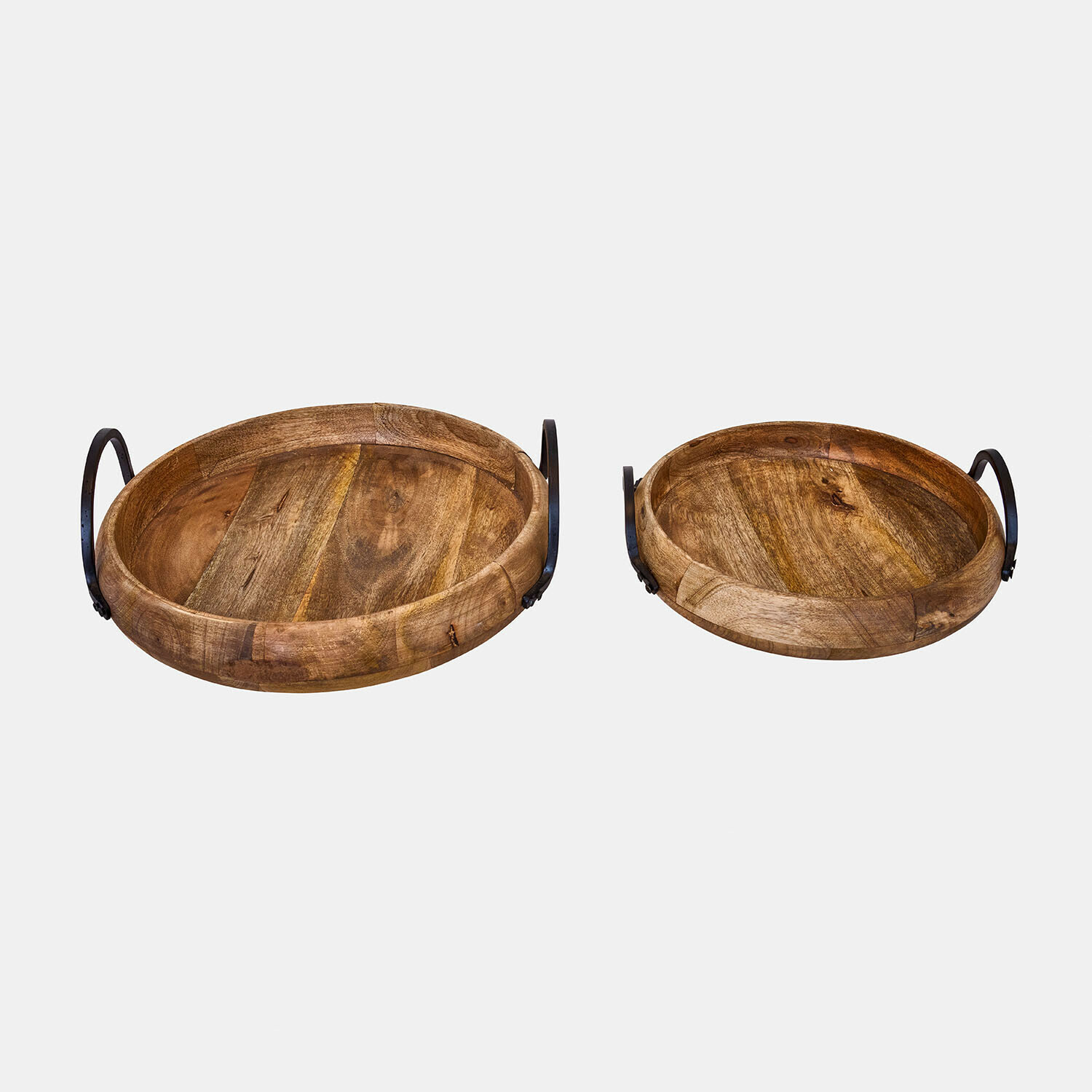 Dienblad set van 2 Arémont Set van twee ronde dienbladen van mangohout met metalen handvatten, natuurlijke kleur, voor decoratie en serveren