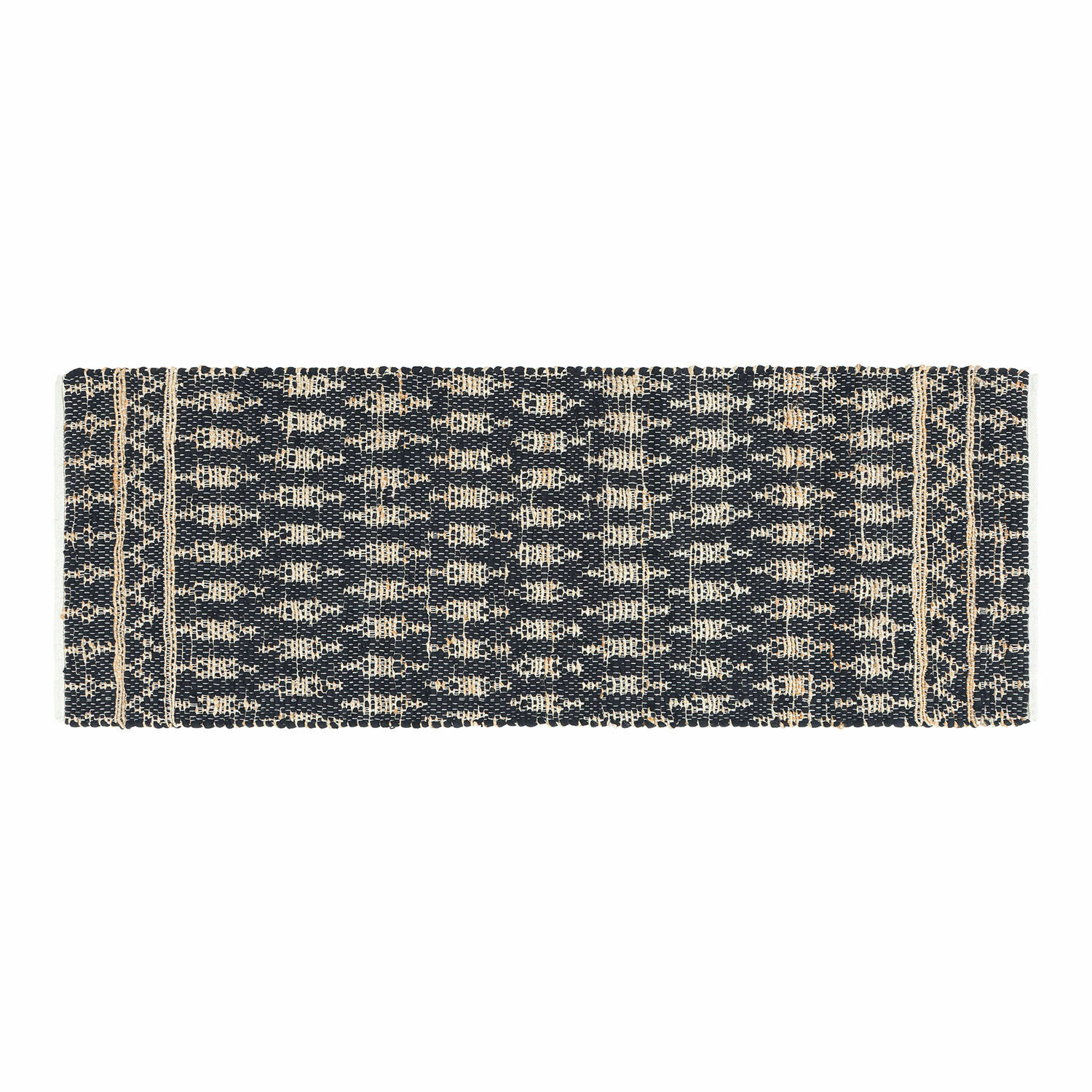 Zwart-beige geweven vloerkleed met geometrisch patroon, geschikt voor interieurdecoratie