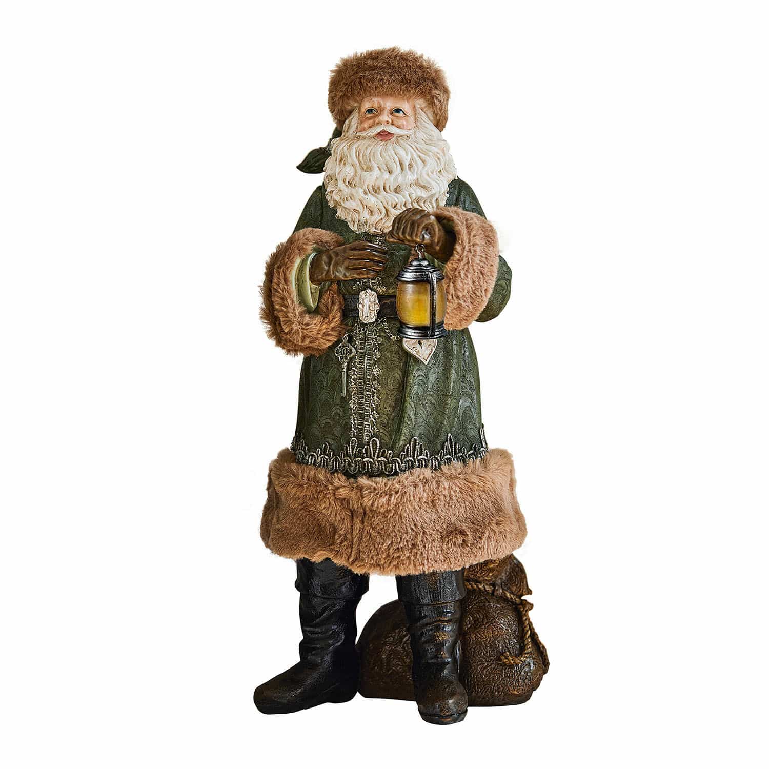Père Noël décoratif Eddi Figurine de Père Noël en manteau vert à bordure en fourrure tenant une lanterne, décoration de Noël