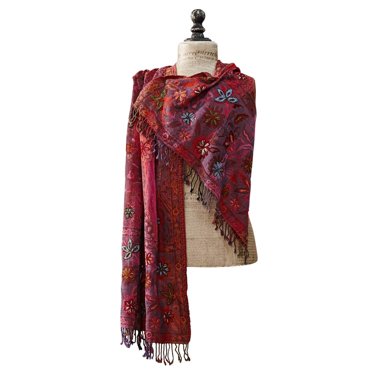 Étole Isobel Écharpe rouge à fleurs brodées avec franges, tissu doux, accessoire tendance pour temps frais