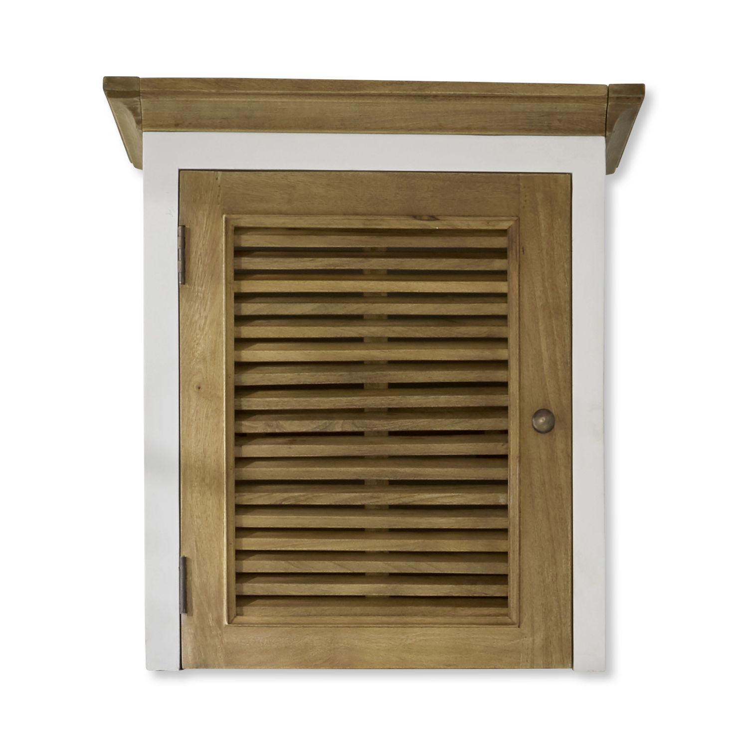 Kastopzet Degarmo Houten wandkast met wit frame en lamellen deur, praktisch opbergmeubel.