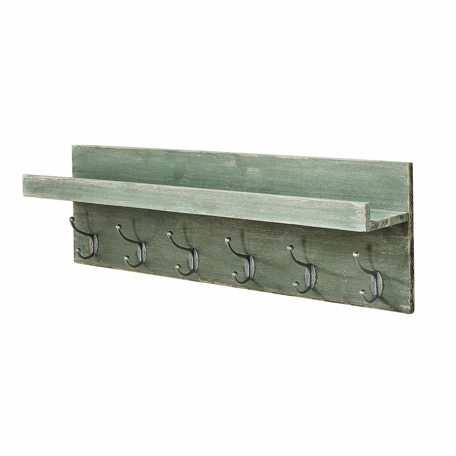 Wandkapstok Hoboken Groene houten wandkapstok met plank en zes metalen haken voor de hal