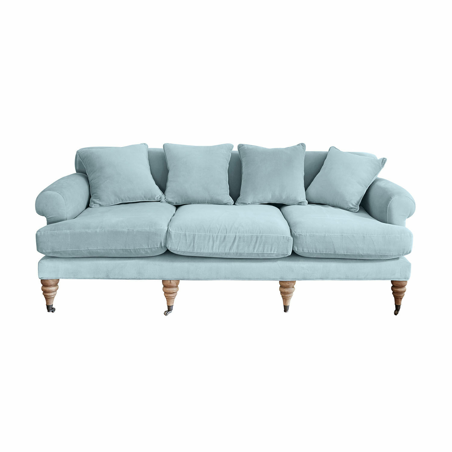 blauw Blauwe Kazimir bank van zachte stof met kussens en houten poten, comfortabel voor de woonkamer