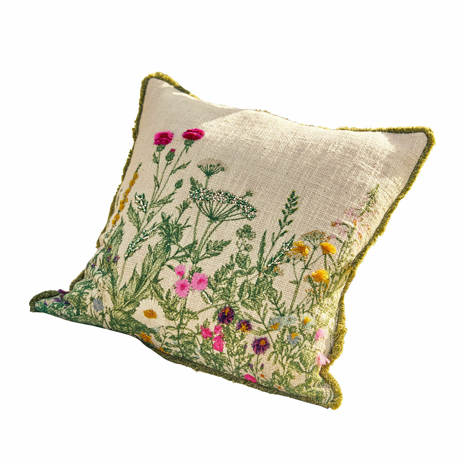 Coussin beige en tissu avec broderie de fleurs sauvages et bordure verte, décoration intérieure