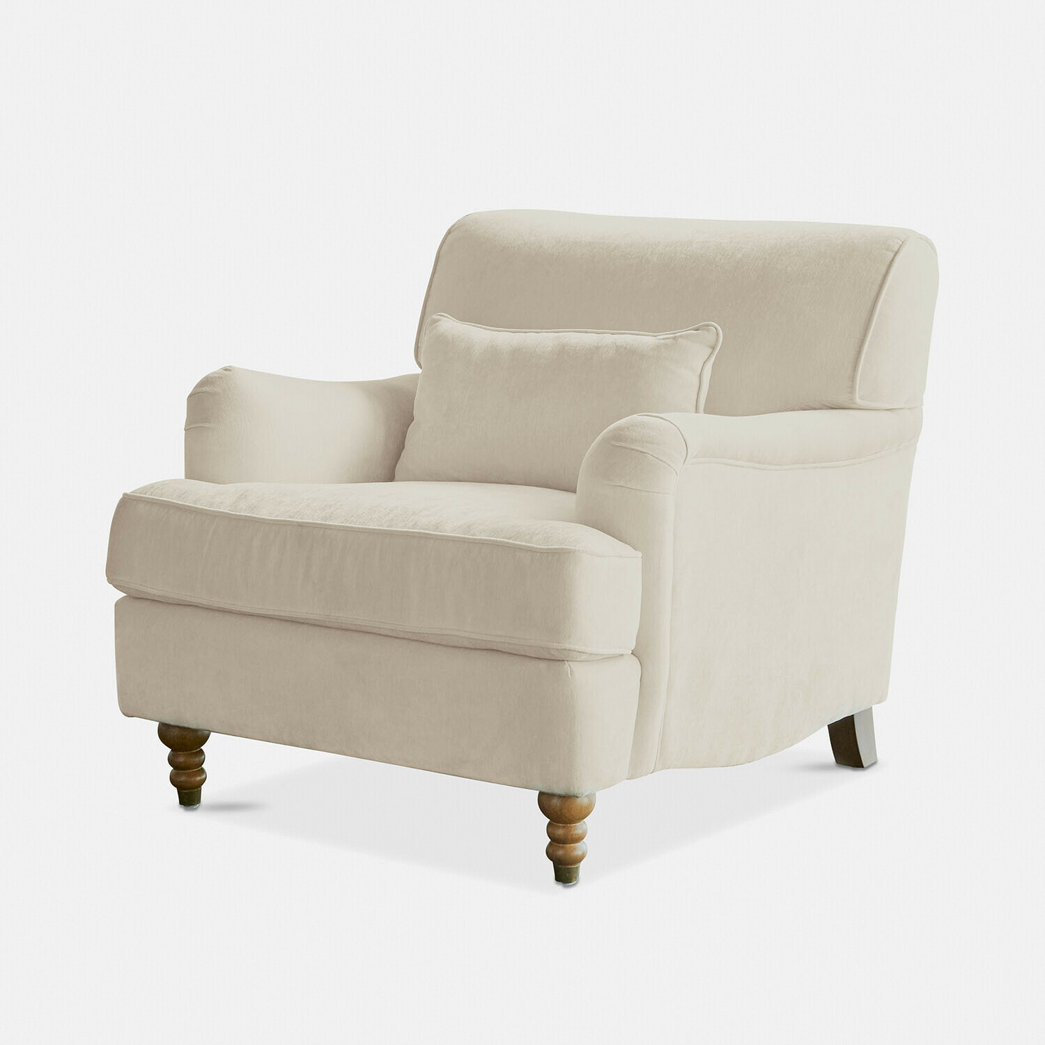 Fauteuil Isa Beige gestoffeerde fauteuil van zachte stof met houten poten voor woonkamer