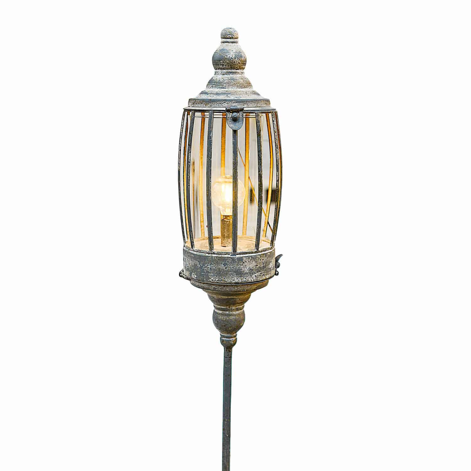 Oplaadbare ledlantaarn Lagia Decoratieve metalen tuinlamp in verouderd zilver met zichtbare lamp en stangenkooi