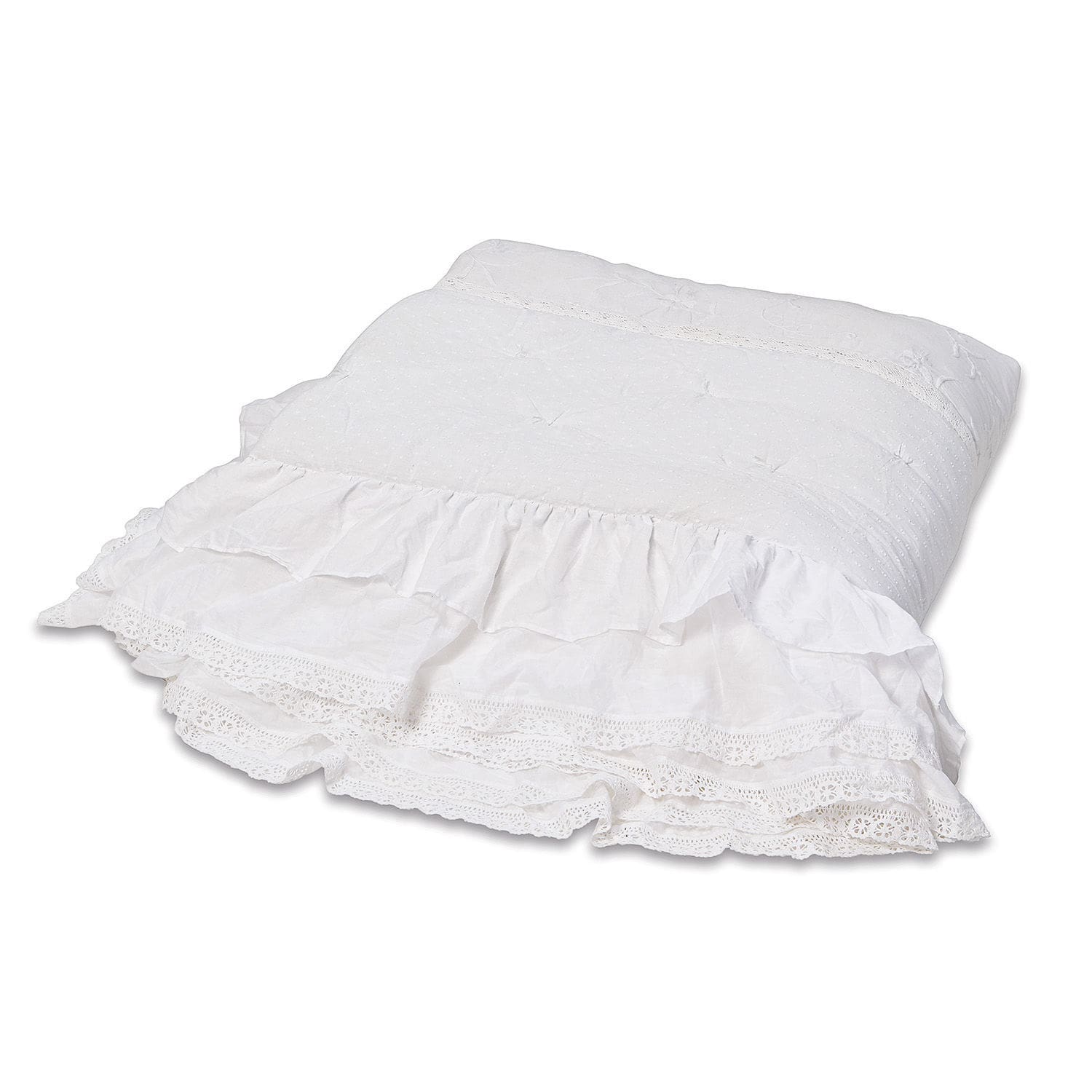 Quilt Pittefaux Witte katoenen sierkussen met ruches en kant, decoratief voor woonkamer of slaapkamer