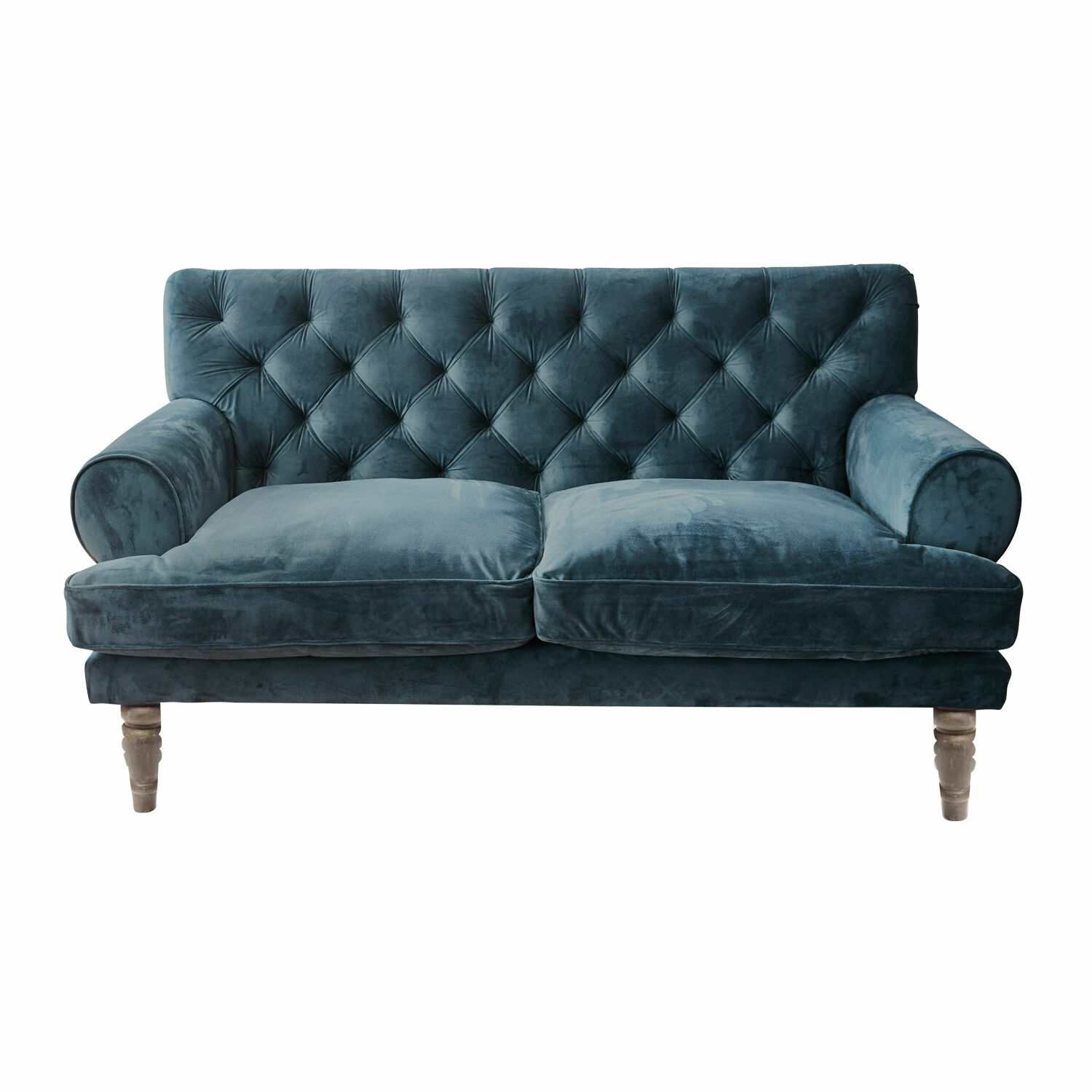 blauw Blauwe fluwelen bank met gestikte rugleuning en houten poten voor stijlvolle woonkamer
