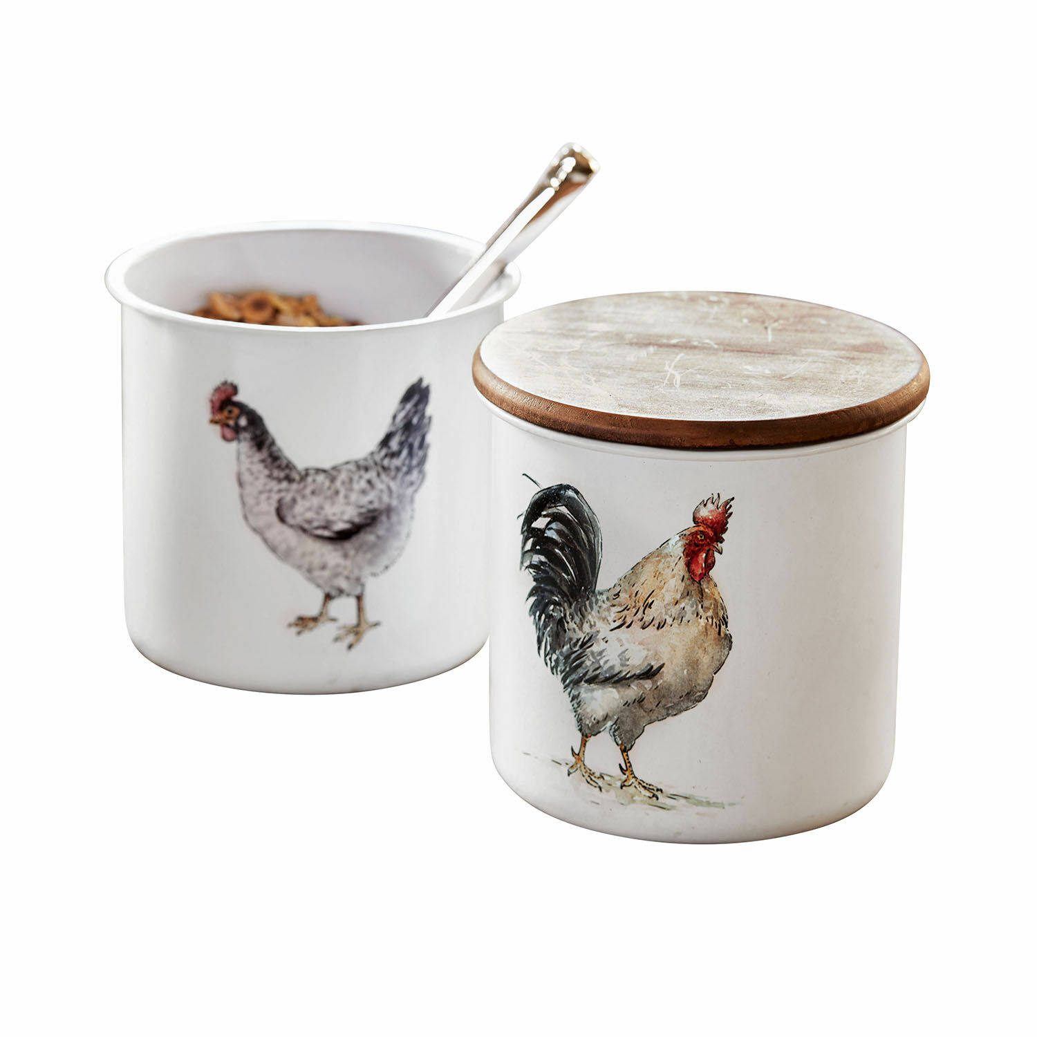 Lot de 2 pots Nobles Boîtes de cuisine en céramique blanche avec couvercle en bois et motifs de poule et coq