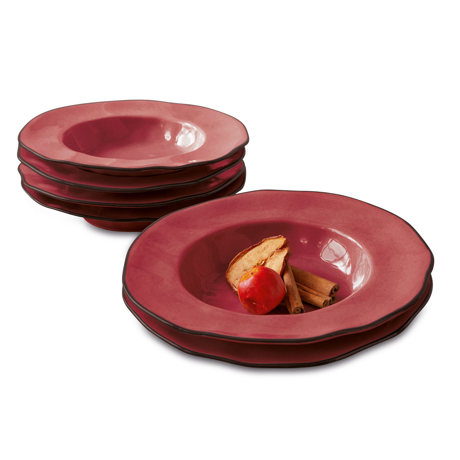 Soepbord set van 6 Biarré Set rode keramische diepe borden met decoratieve rand voor het serveren van soep