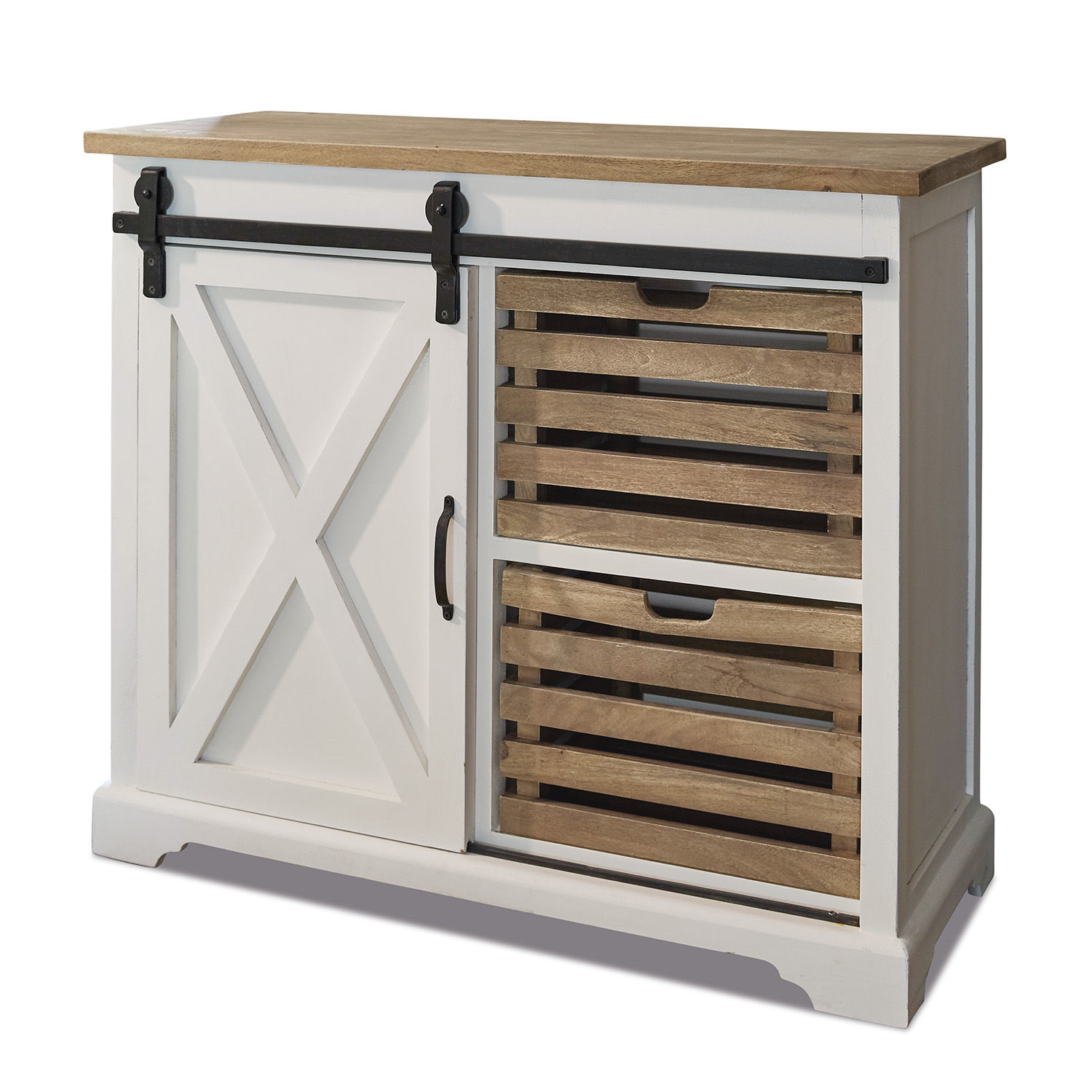 Lage kast Bastid Witte houten dressoir met natuurlijk blad en twee mangohouten lades, opbergmeubel